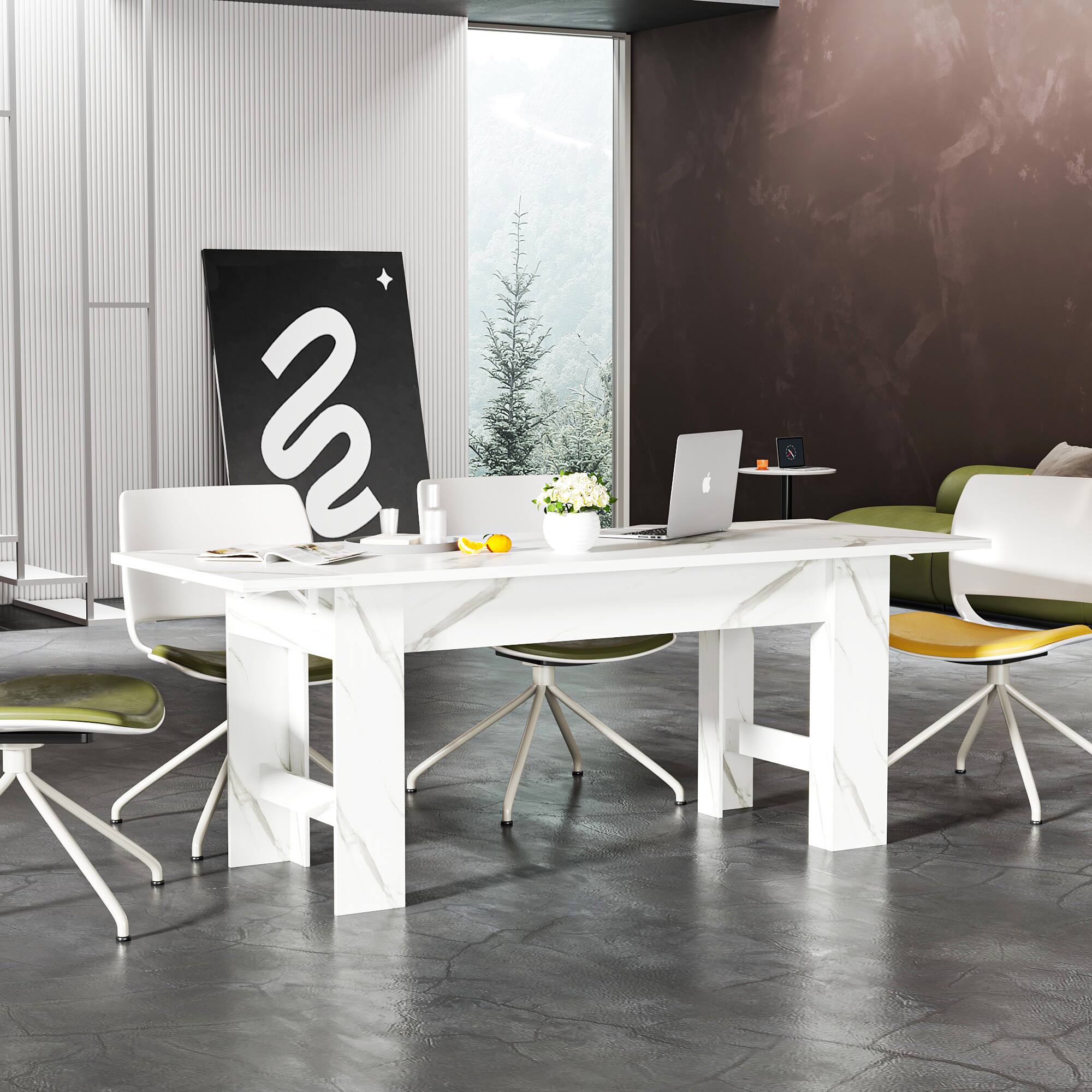 Angle. FUFU&GAGA - Extendable Multifunctional Table with Press-to-Expand Design, Convertible Dining and Work Desk with Faux Stone Top - Marble White.