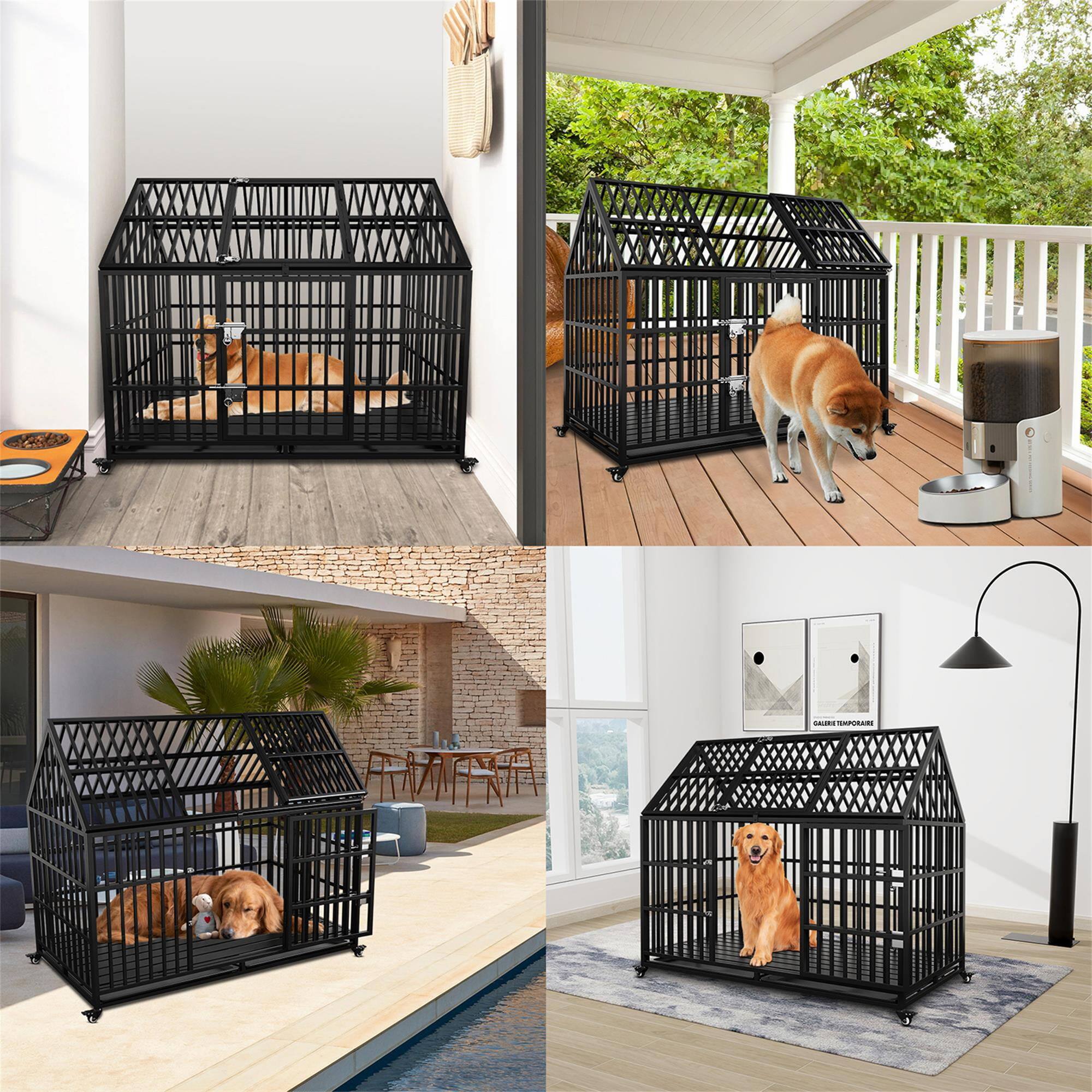 Back. Pefilos - 54" Heavy Duty Metal Dog Crate with 4 Universal Wheels, Dog Kennel Openable Pointed Top and Front Door.