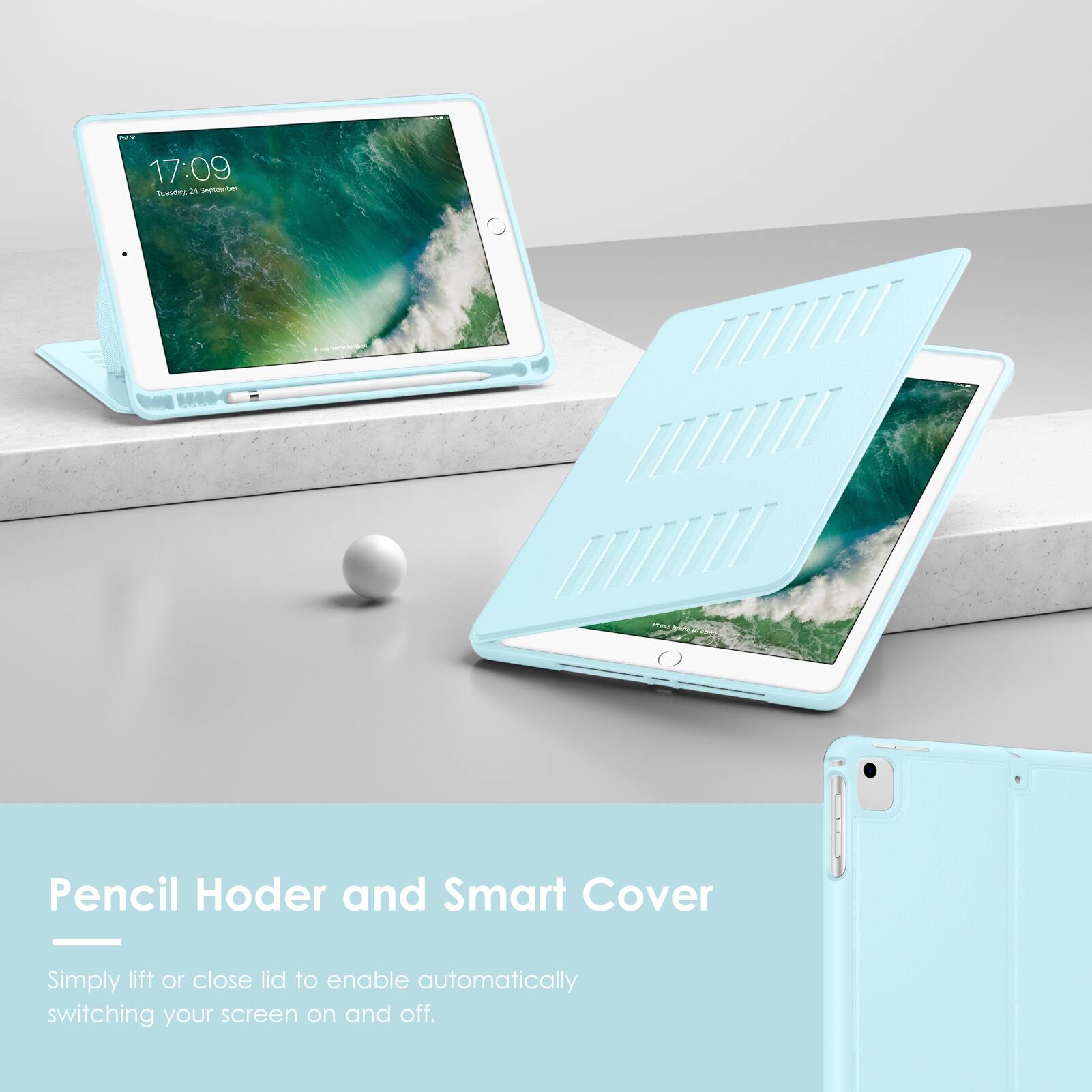 Pencil Holder and Smart Cover

Simply lift or close lid to enable automatically switching your screen on and off.