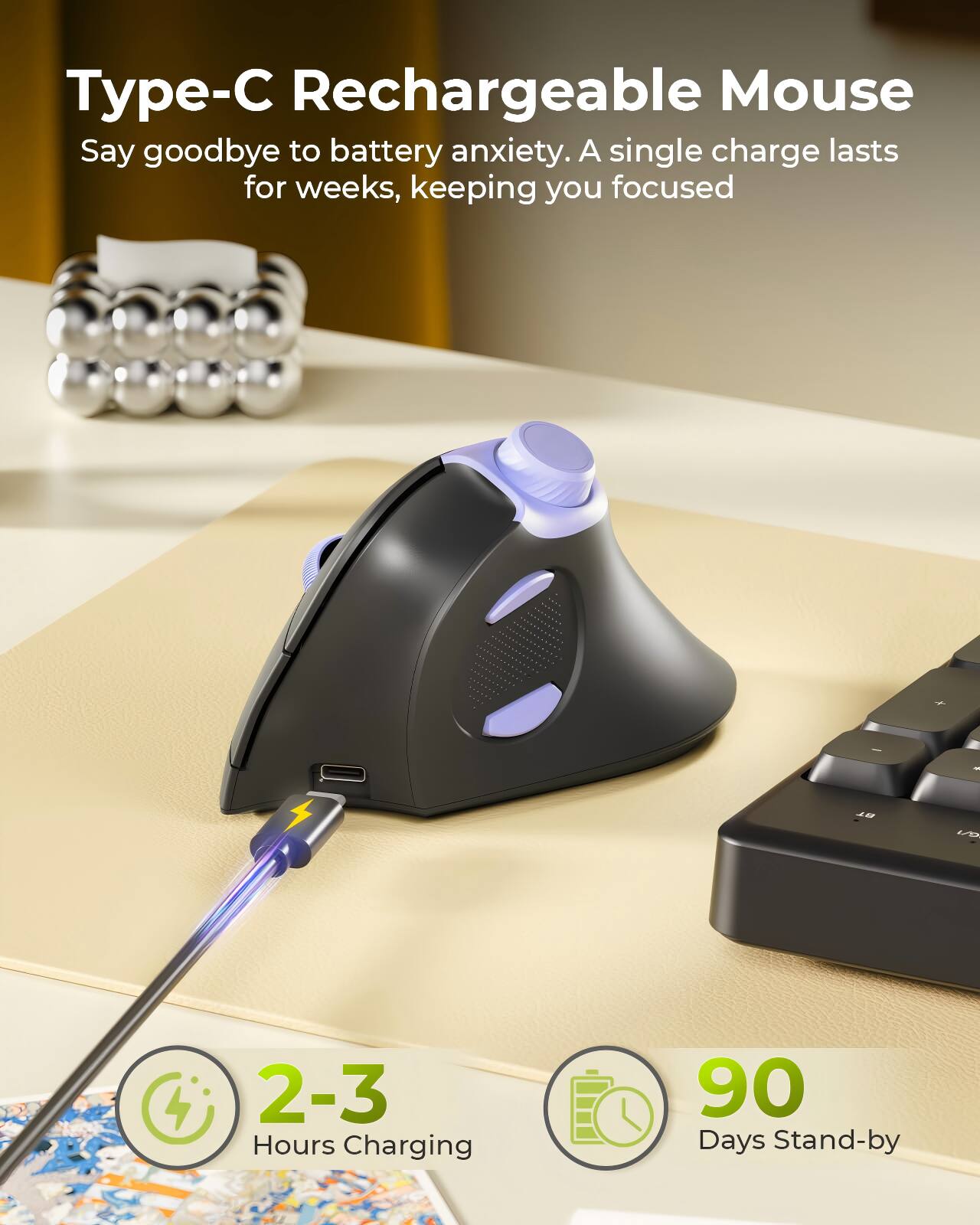 Type-C Rechargeable Mouse

Say goodbye to battery anxiety. A single charge lasts for weeks, keeping you focused

2-3 Hours Charging

90 Days Stand-by