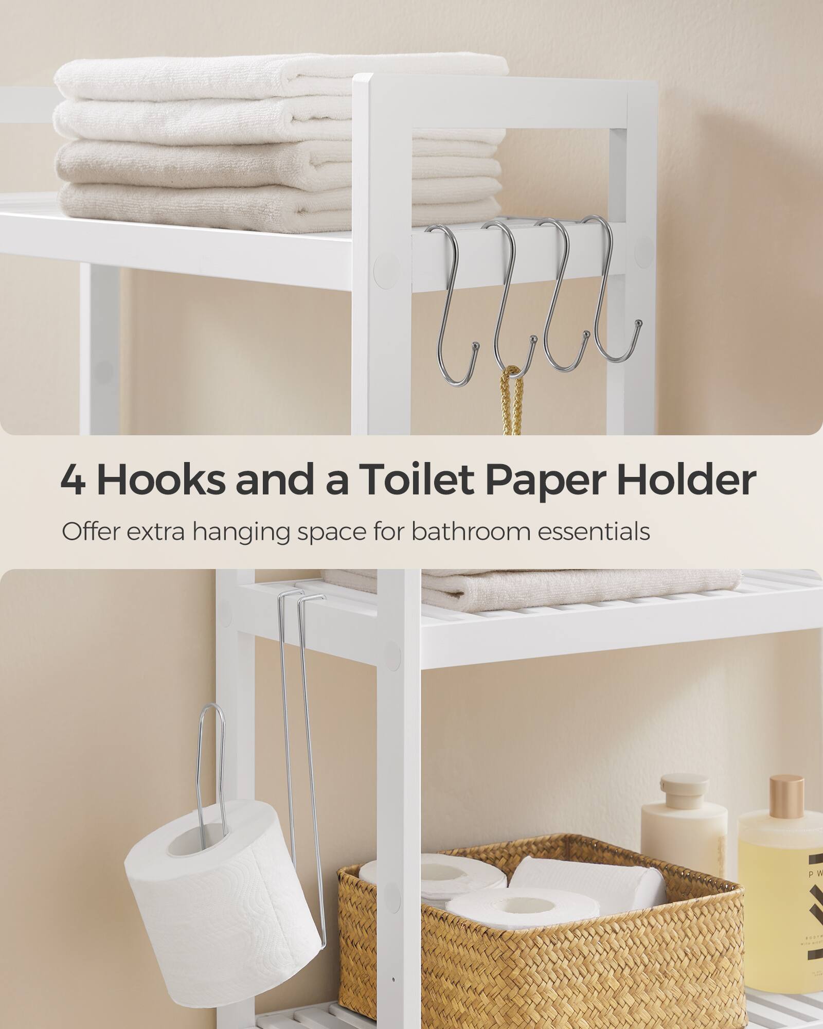 4 Hooks and a Toilet Paper Holder  
Offer extra hanging space for bathroom essentials