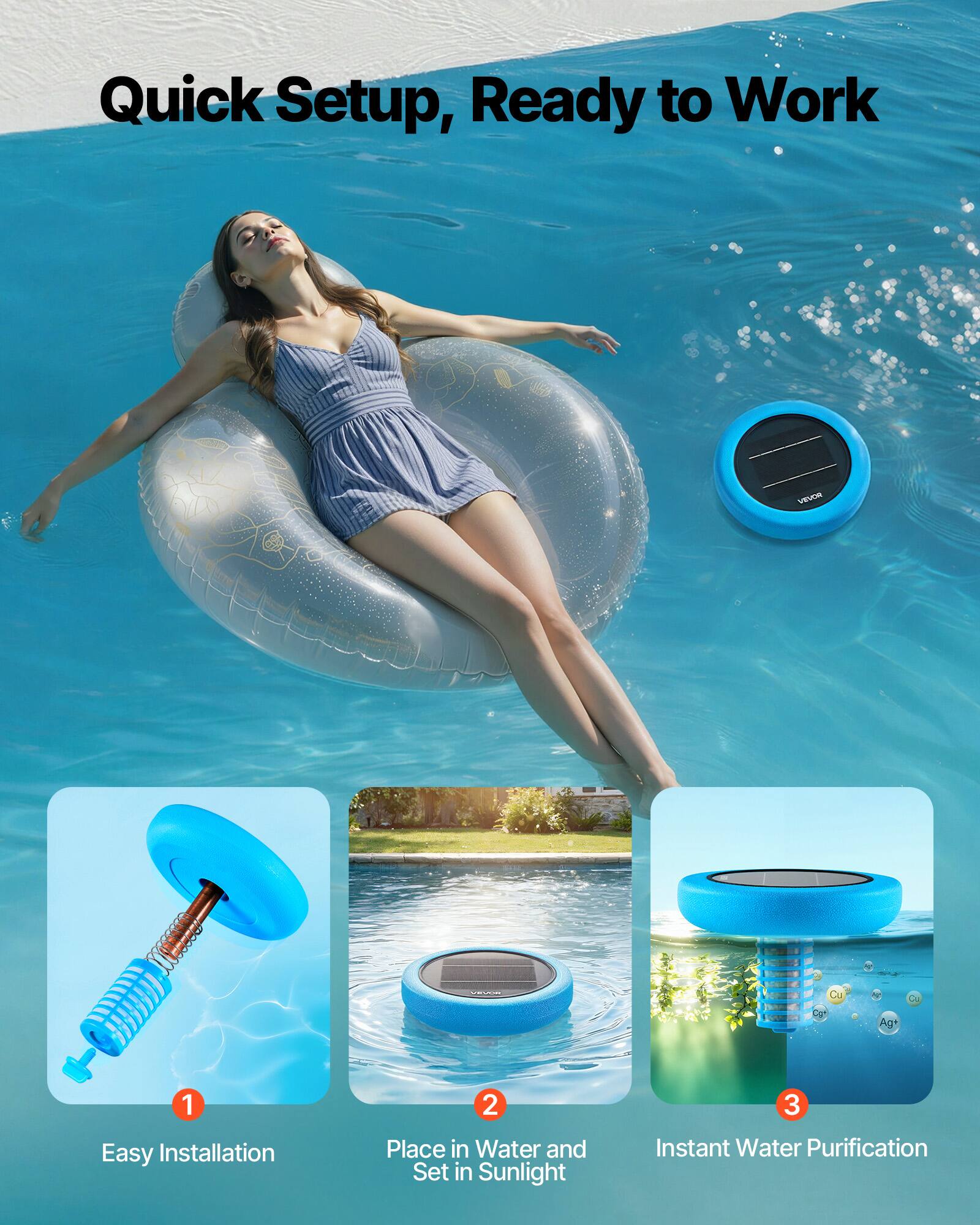 Quick Setup, Ready to Work

1. Easy Installation
2. Place in Water and Set in Sunlight
3. Instant Water Purification