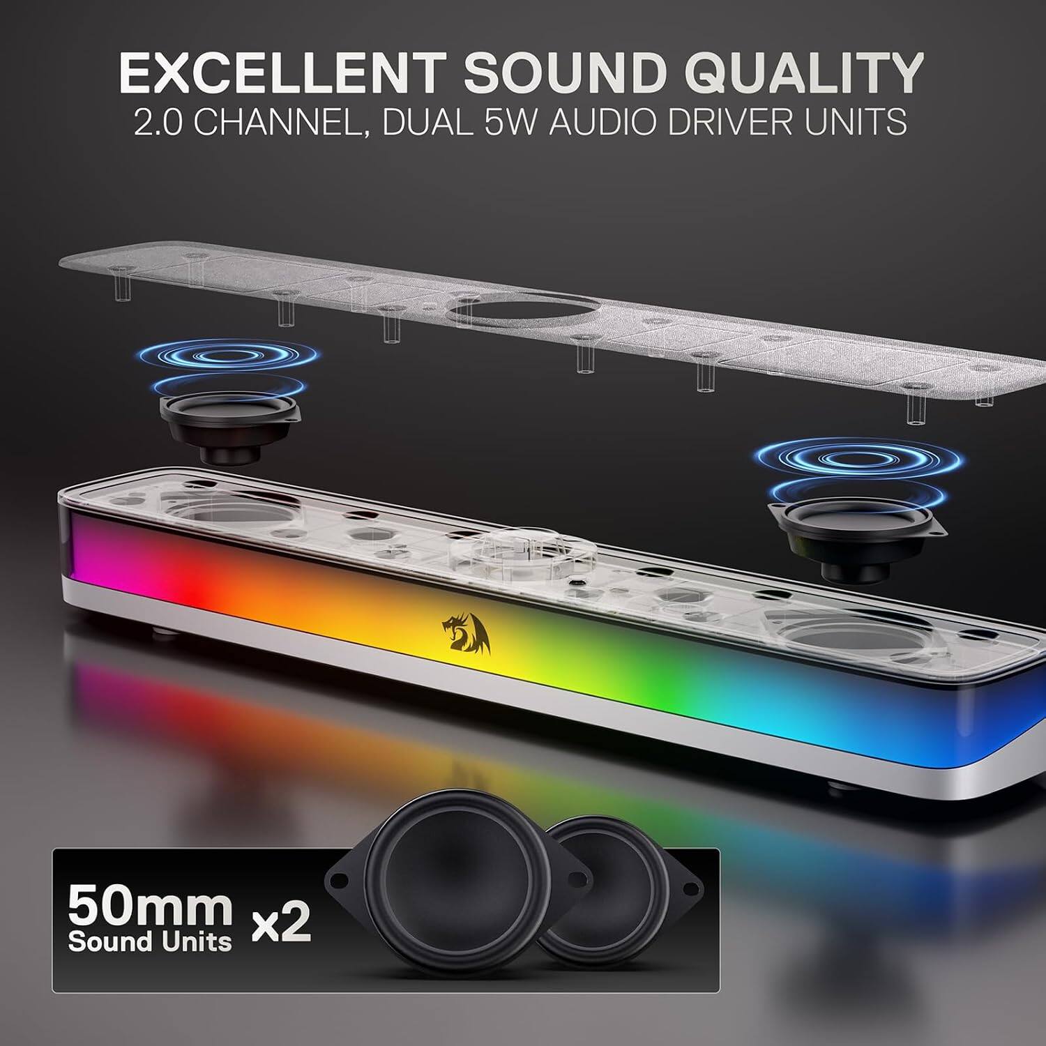 REDRAGON GS515 RGB Desktop Soundbar, 2.0 Stereo Enhanced Sound, BT 5.3 ...