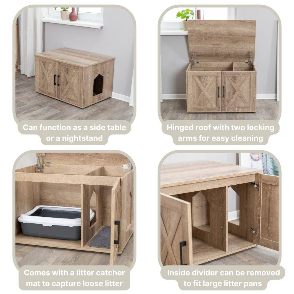 Can function as a side table or a nightstand

Hinged roof with two locking arms for easy cleaning

Comes with a litter catcher mat to capture loose litter

Inside divider can be removed to fit large litter pans