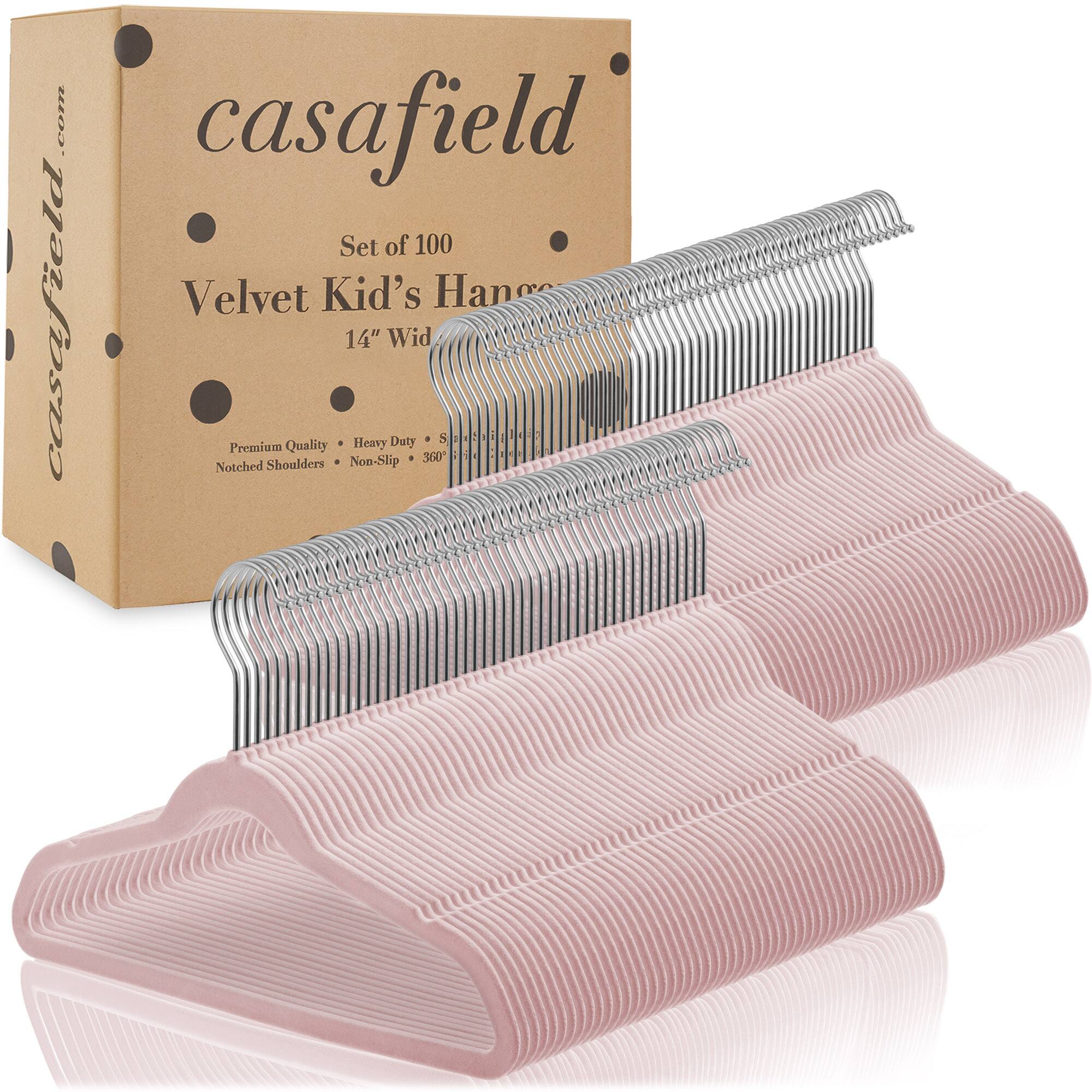 casafield.com  
casafield  
Set of 100  
Velvet Kid's Hanger  
14" Wid  
Premium Quality • Heavy Duty • Notched Shoulders • Non-Slip • 360°