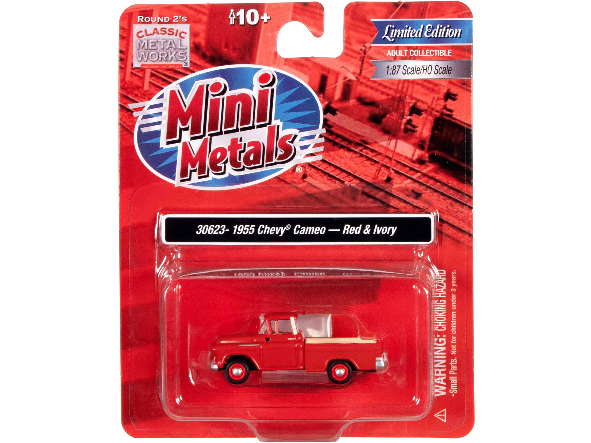 ROUND 2'S 10+ CLASSIC Limited Edition METAL ADULT COLLECTIBLE WORKS  
Mini Metals  
1:87 Scale/HO Scale  
30623- 1955 Chevy Cameo-Red Cameo - Red & Ivory  
WARNING: Small Parts. Not for children under 3 years.