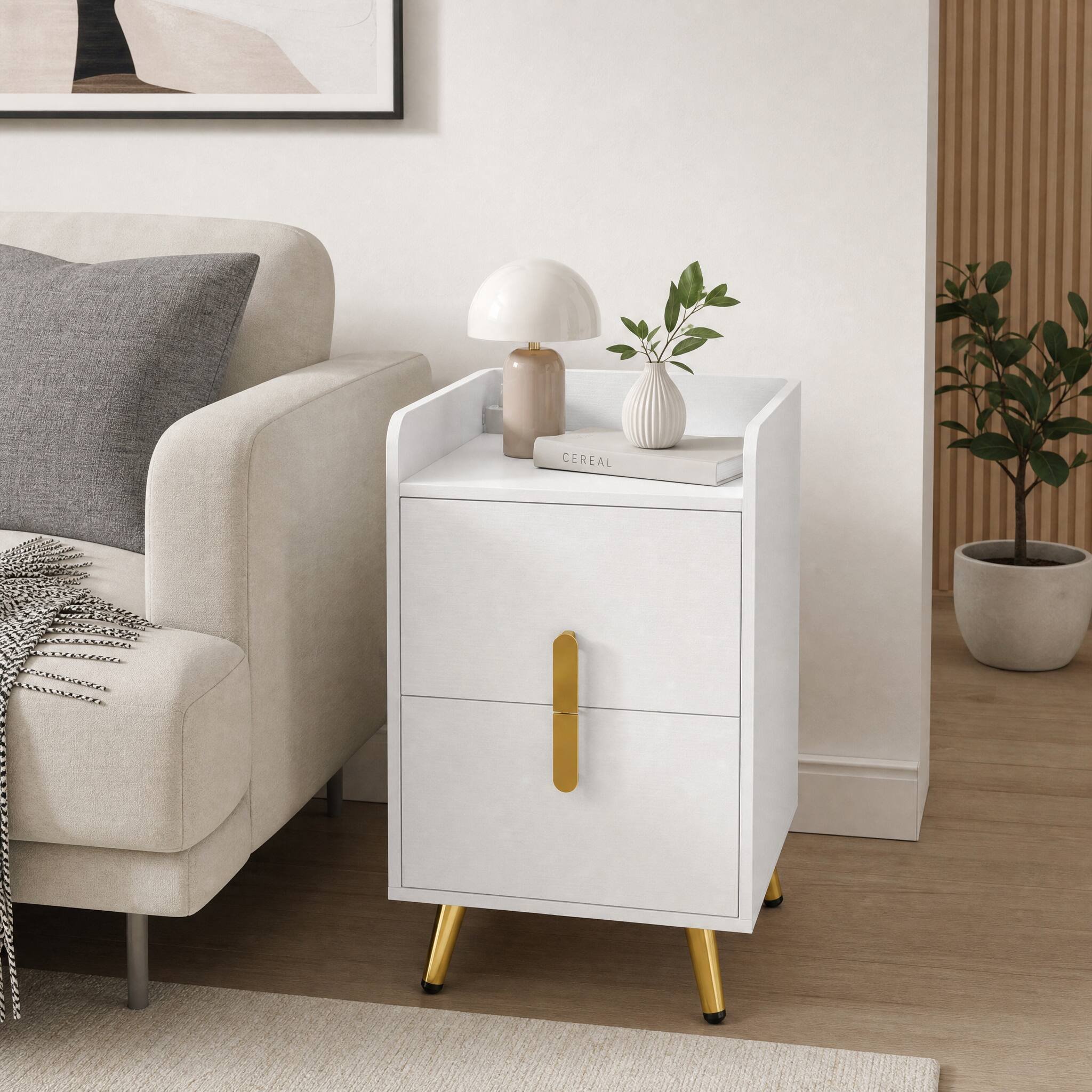 Angle. WELLFOR - Nightstand Side Tables with 2 Drawers and 2 USB Ports - White.