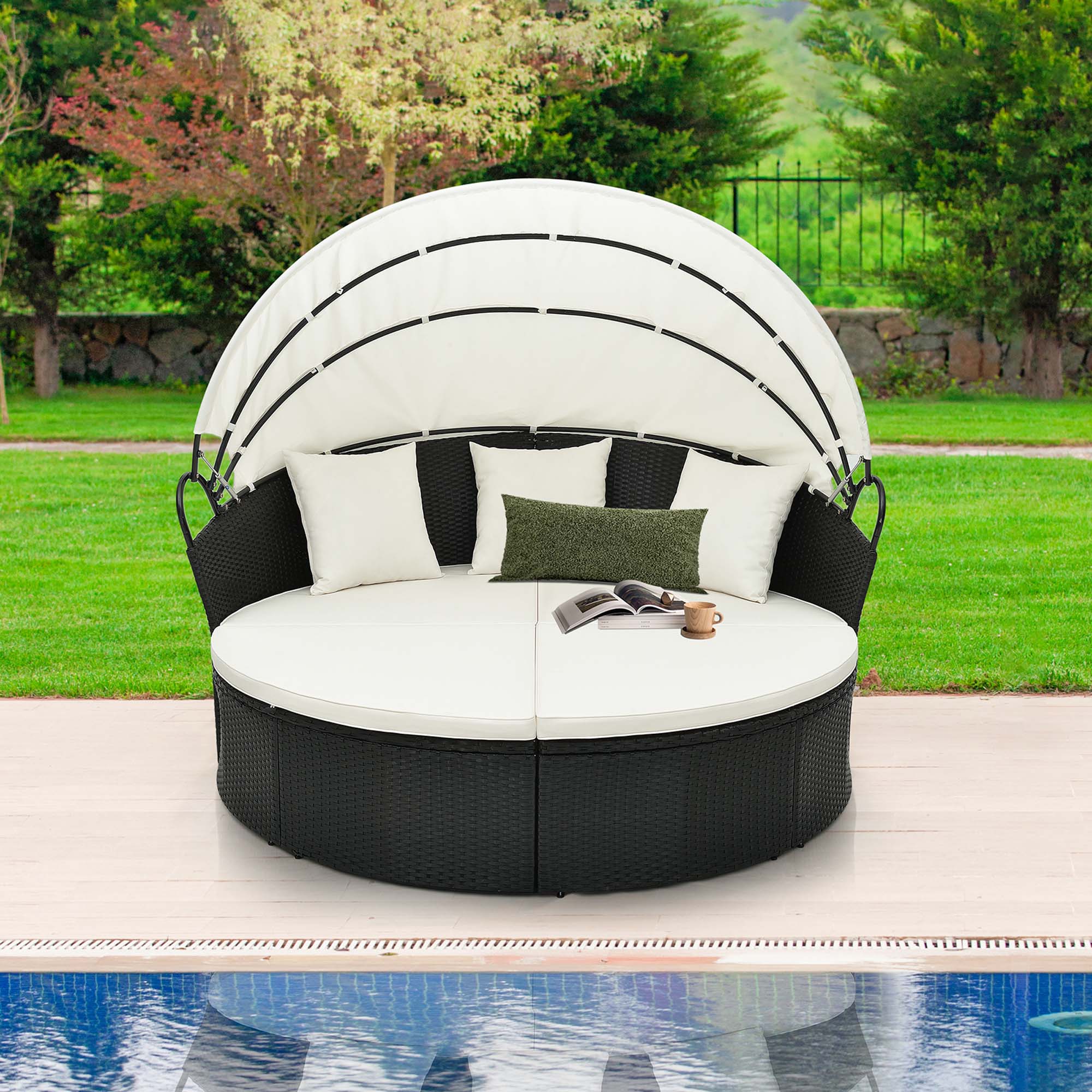Alt View 3. Costway - Patio Round Daybed with Retractable Canopy Rattan Sectional Seating - Off White.