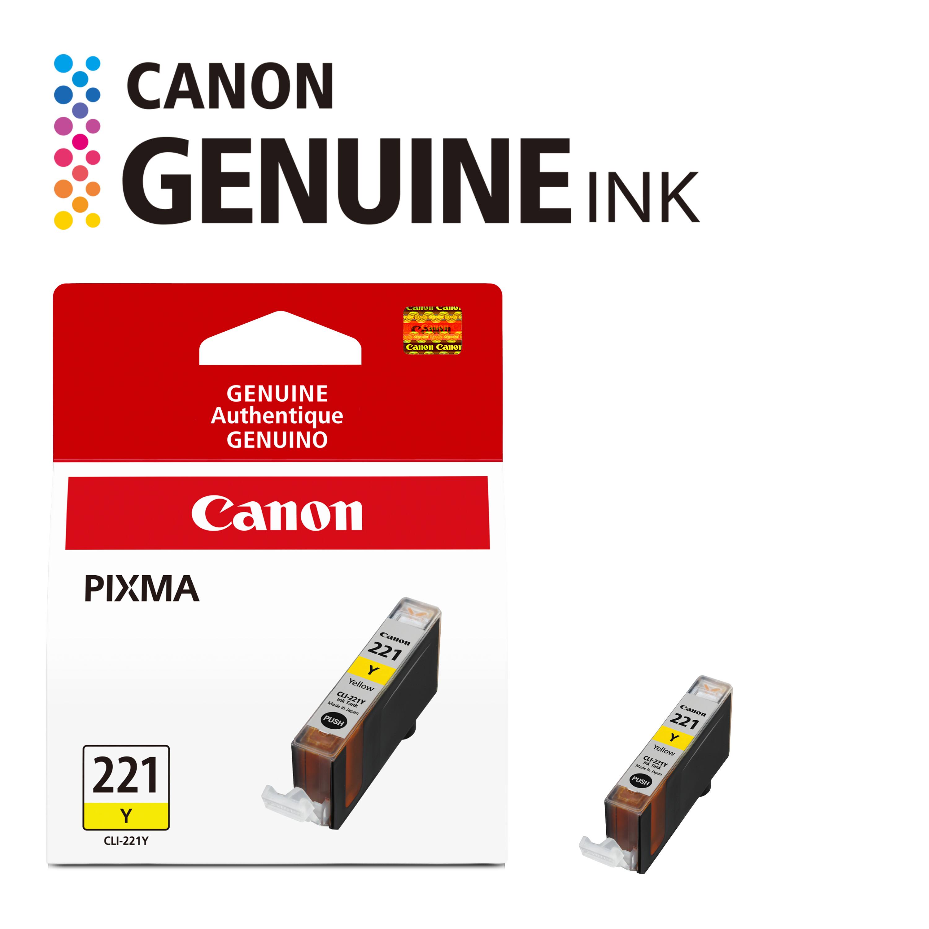 CANON GENUINE INK

COMUNI Cano.

Canon Canor
GENUINE Authentique GENUINO
Canon
PIXMA
221 Y
Canon 221 Y Yellow Made - CLI-221Y . Lessing Jayum PUSH
Canon 221 Y Yellow - CLI-221Y 147k PUSH
CLI-221Y