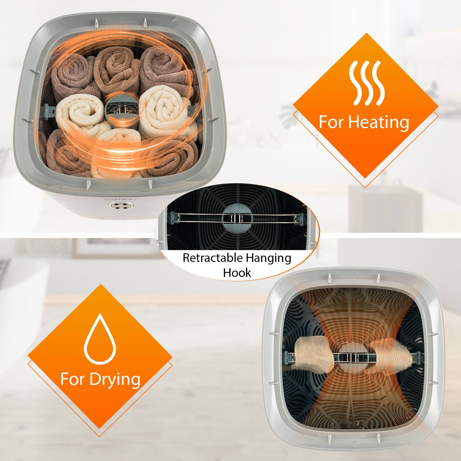 For Heating  
Retractable Hanging Hook  
For Drying