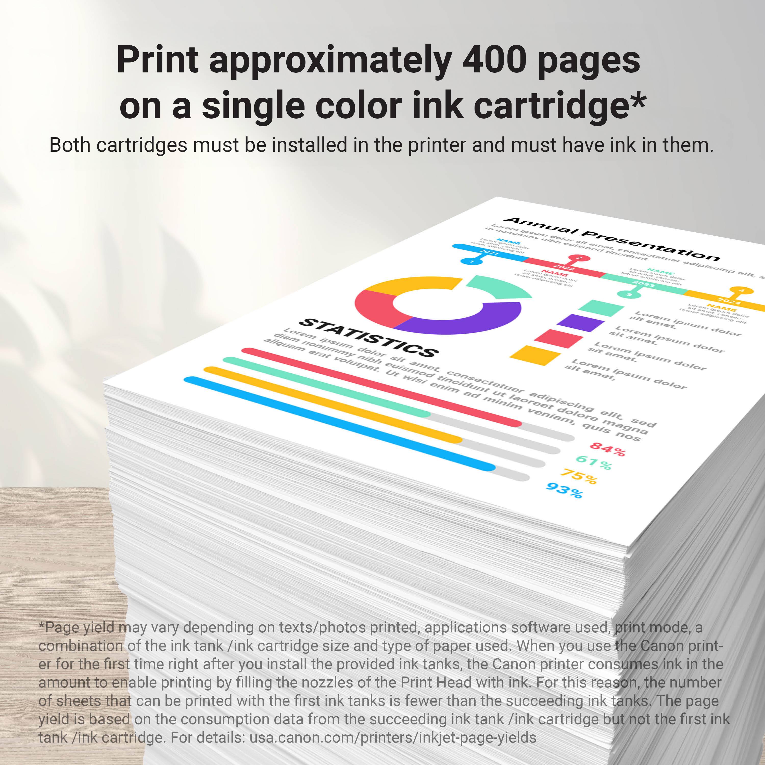 Print approximately 400 pages on a single color ink cartridge*  
Both cartridges must be installed in the printer and must have ink in them.

Annual Presentation  
STATISTICS  
- 84%  
- 61%  
- 75%  
- 93%

*Page yield may vary depending on texts/photos printed, applications software used, print mode, combination of the ink tank /ink cartridge size and type of paper used. When you use the Canon printer for the first time right after you install the provided ink tanks, the Canon printer consumes ink in the amount to enable printing by filling the nozzles of the Print Head with ink. For this reason, the number of sheets that can be printed with the first ink tanks is fewer than the succeeding ink tanks. The page yield is based on the consumption data from the succeeding ink tank /ink cartridge but not the first ink tank /ink cartridge. For details: usa.canon.com/printer/inkjet-page-yields