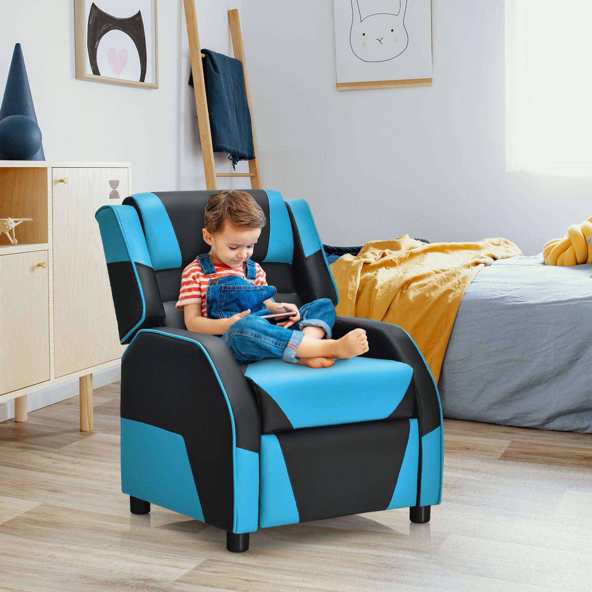 Alt View 3. Gymax - Gymax Gaming Recliner Sofa PU Leather Armchair for Kids Youth w/ Footrest Blue - Blue.