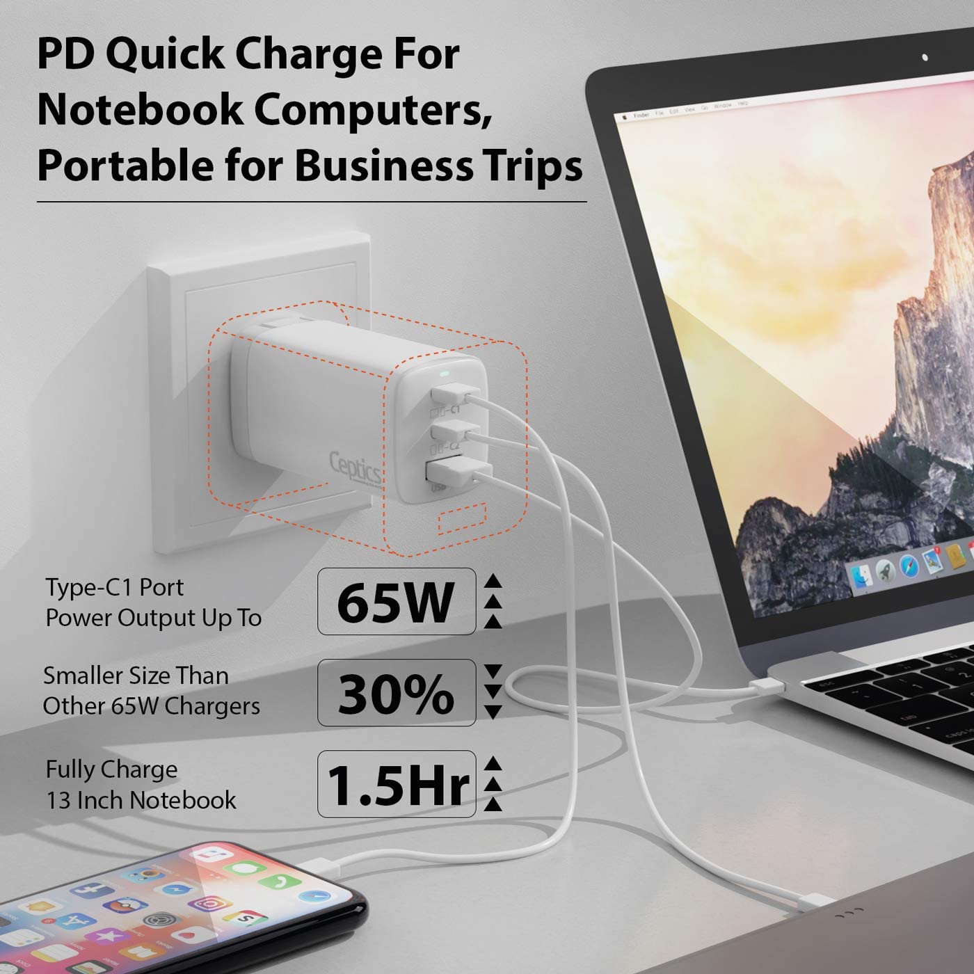 PD Quick Charge For Notebook Computers, Portable for Business Trips

Type-C1 Port Power Output Up To 65W

Smaller Size Than Other 65W Chargers

Fully Charge 13 Inch Notebook in 1.5Hr
