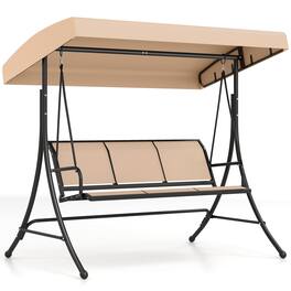 Costway - 3-Seat Patio Swing Chair, Outdoor Swing with Adjustable Canopy, Heavy-Duty Stand - Beige + Black