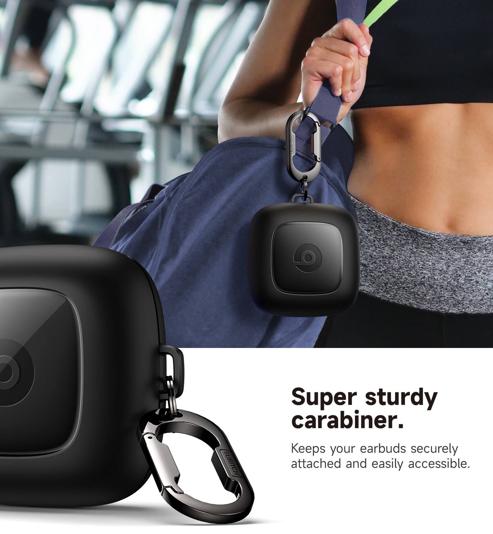 Super sturdy carabiner. Keeps your earbuds securely attached and easily accessible.