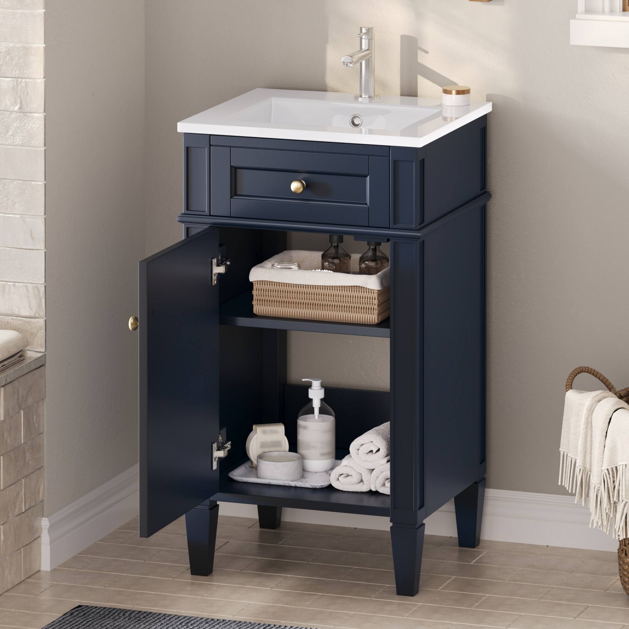 Angle. JUJABU - Blue 18-inch Freestanding Bathroom Vanity with Ceramic Sink and Adjustable Shelf - Blue.