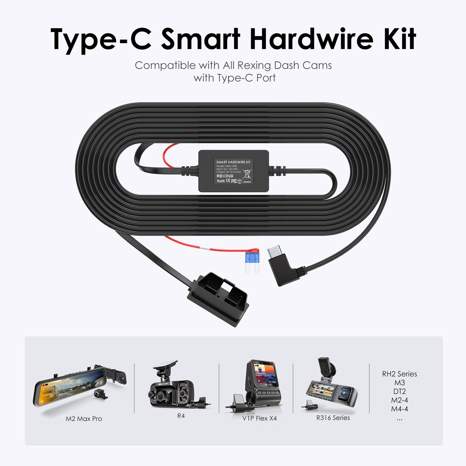 Type-C Smart Hardwire Kit Compatible with All Rexing Dash Cams with Type-C Port.