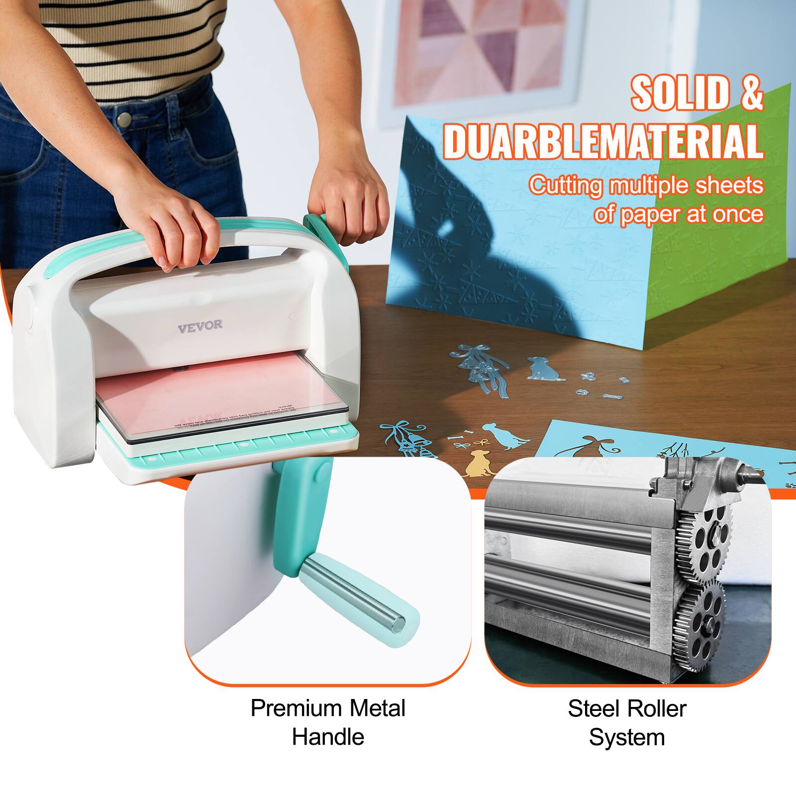SOLID & DURABLE MATERIAL  
Cutting multiple sheets of paper at once  

VEVOR 1 Premium Metal Handle Steel Roller System