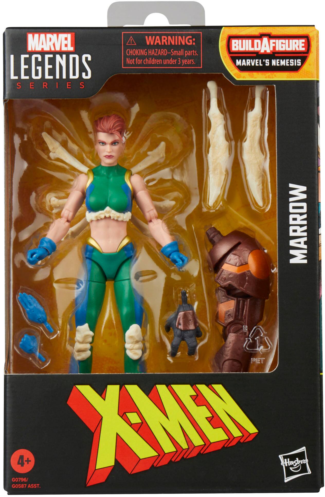 The text on the image is grouped and corrected as follows:

"MARVEL LEGENDS SERIES! WARNING: BUILDAFIGURE CHOKING HAZARD - Small parts. Not for children under 3 years. MARVEL'S NEMESIS MARROW B PEET GO587 G0796/ 4+ ASST. XMEN Hasbro."