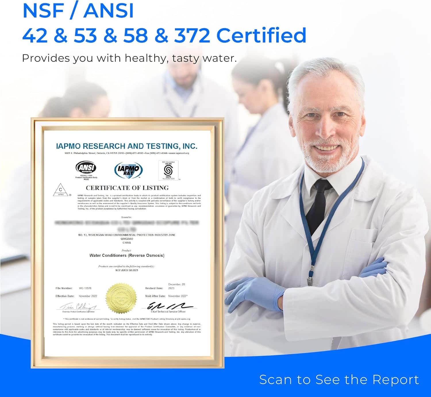 The image features a man wearing a white lab coat and a tie, standing in front of a certificate of listing. The certificate is framed and displayed prominently in the image. The man appears to be proudly presenting the certificate, which is related to water treatment and purification. The certificate is issued by the IAPMO Research and Testing Inc. and is certified for 42, 53, 58, and 372 standards. The man's attire and the certificate suggest that he is a professional in the field of water treatment and purification, possibly working in a laboratory or a water treatment facility.