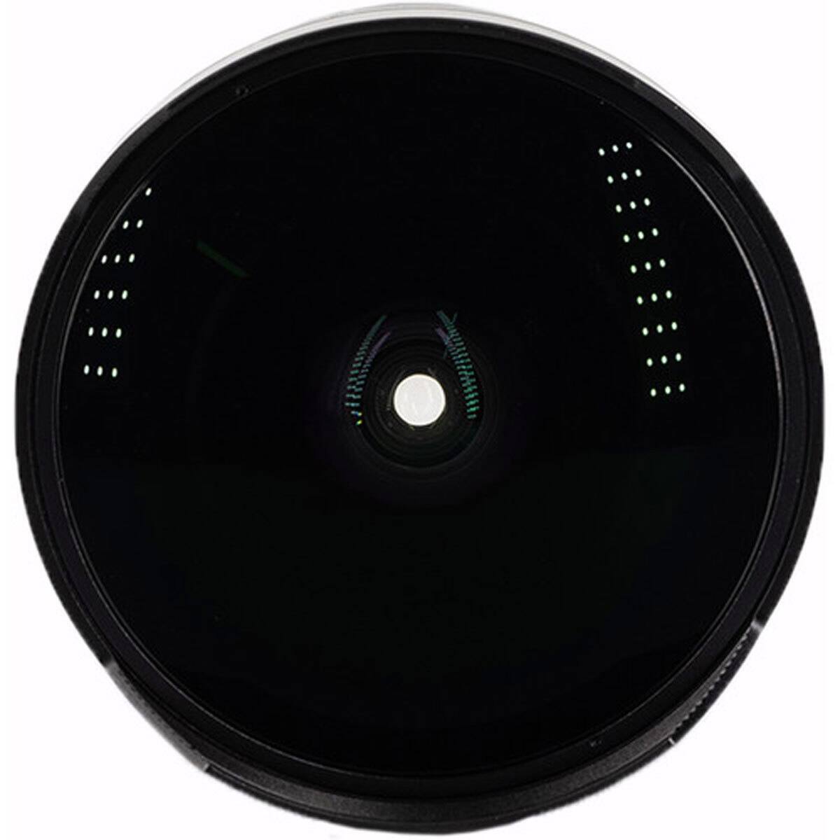 The image shows a circular object with a central lens and several small LED lights around it.