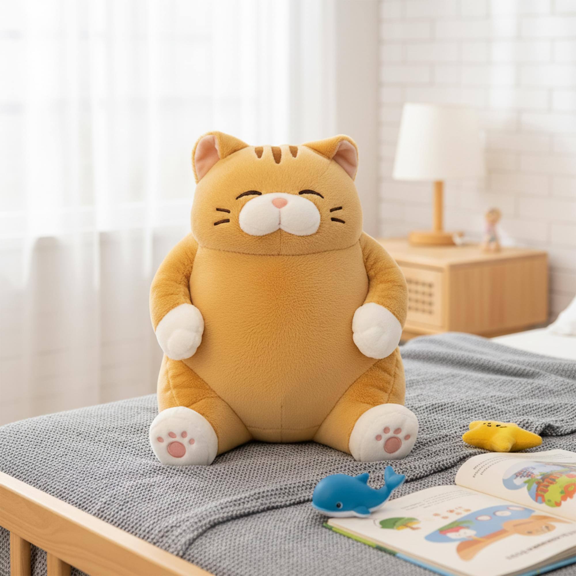 Alt View 3. New Era Distribution - Chubby Meow 12 Inch Plush Pillow | Orange - Orange.