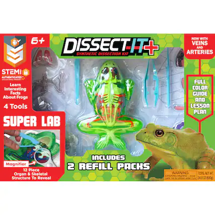 The text on the image reads: "EM NOW WITH 6+ VEINS DISSECTIT+ SYNTHETIC DISSECTION KIT ARTERIES AND STEM ORGANS AUTHENTICATED a4 OCTAGONAL adaption Learn Interesting Facts About Frogs 4 Tools SUPER LAB FULL COLOR GUIDE AND LESSON PLAN Magnifier 12 Piece Organ & Skeletal Structure To Reveal INCLUDES 2 REFILL PACKS WARNING: TOTAL NET WT. CHOKING HAZARD Small parts Not for children under 3 24.0 OZ (680g)".