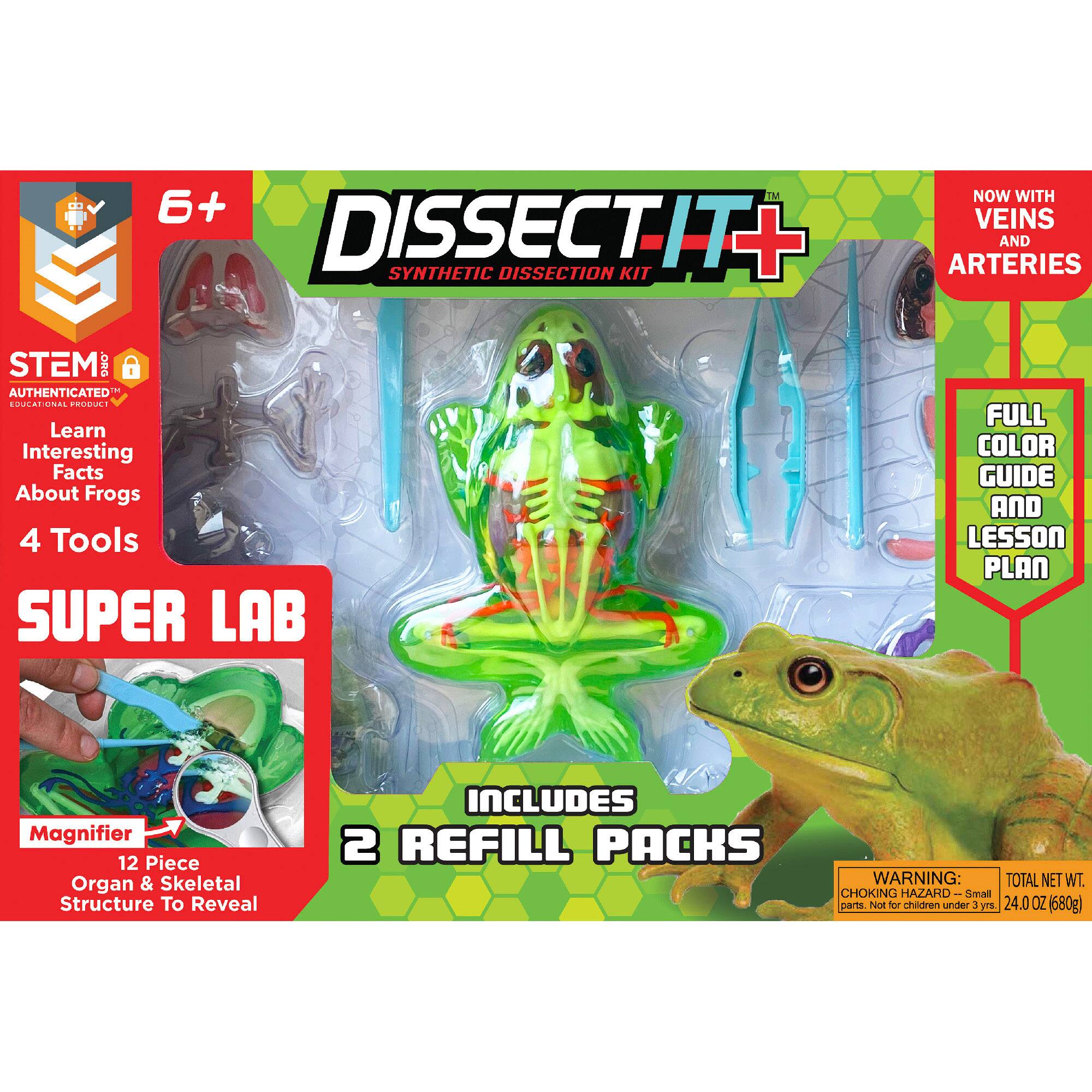 The text on the image reads: "EM NOW WITH 6+ VEINS DISSECTIT+ SYNTHETIC DISSECTION KIT ARTERIES AND STEM ORGANS AUTHENTICATED a4 OCTAGONAL adaption Learn Interesting Facts About Frogs 4 Tools SUPER LAB FULL COLOR GUIDE AND LESSON PLAN Magnifier 12 Piece Organ & Skeletal Structure To Reveal INCLUDES 2 REFILL PACKS WARNING: TOTAL NET WT. CHOKING HAZARD Small parts Not for children under 3 24.0 OZ (680g)".