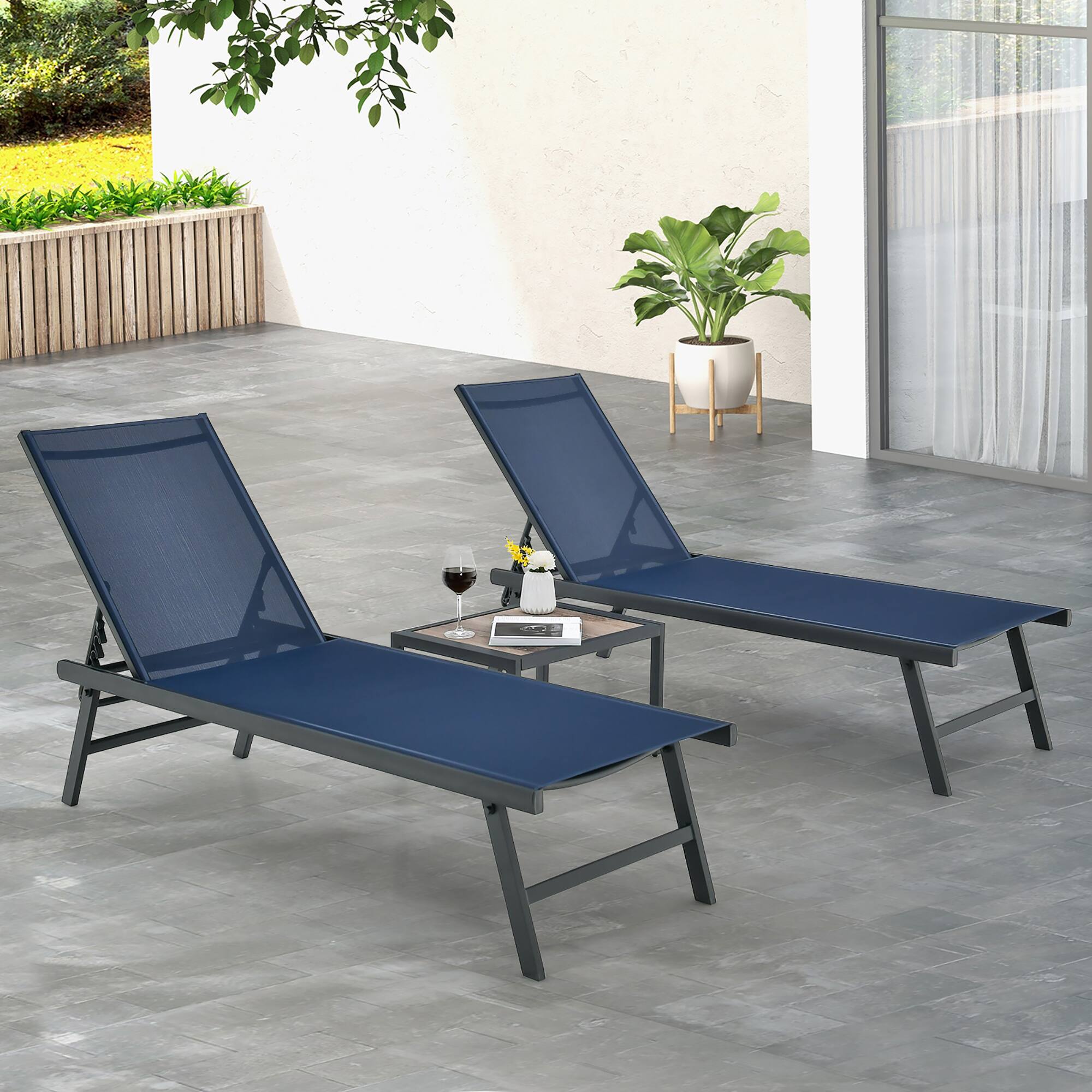 Alt View 4. Gymax - Gymax 3pcs Patio Chaise Lounge Set Aluminum Recliner Chair Table Outdoor Adjust Navy - Navy.