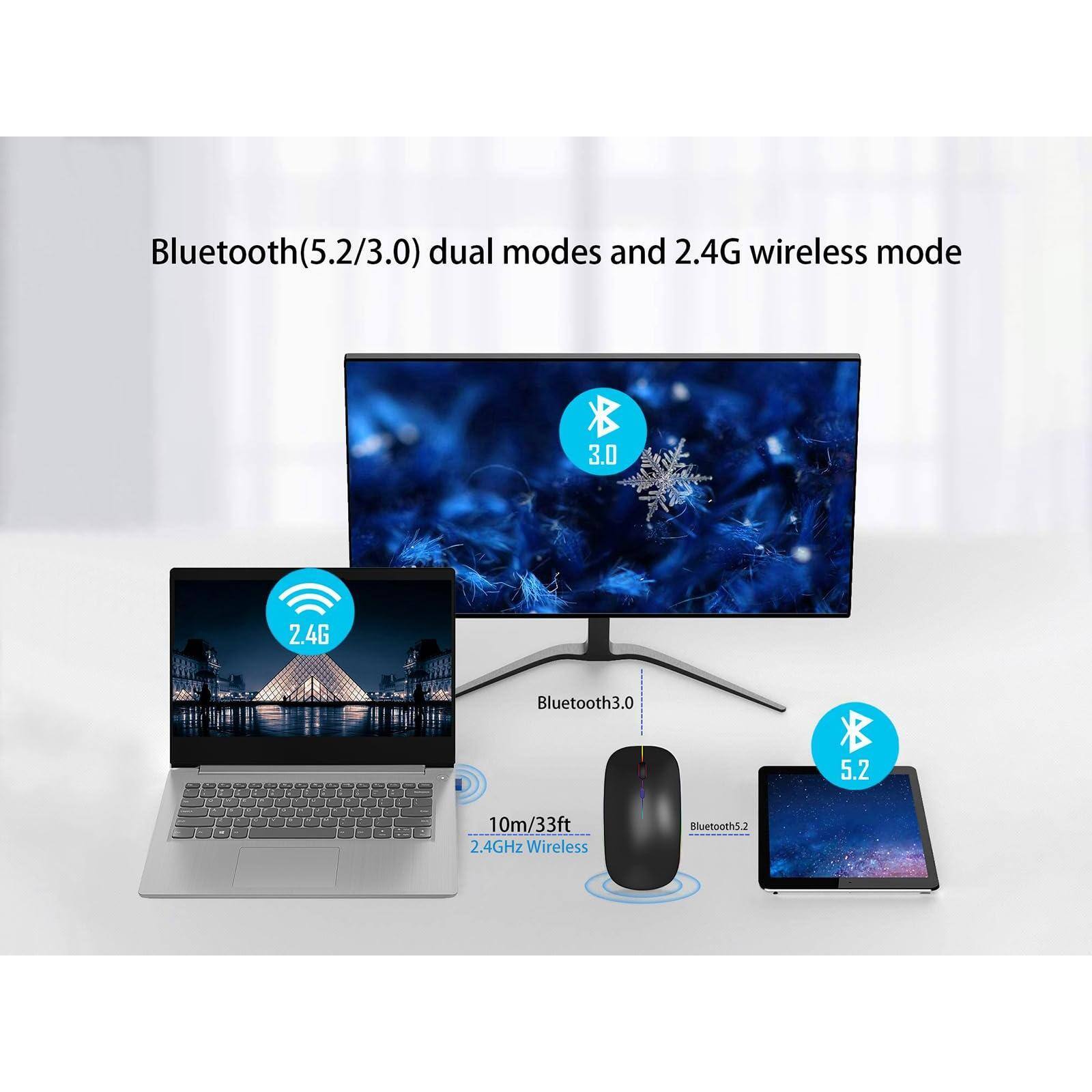Bluetooth(5.2/3.0) dual modes and 2.4G wireless mode

- Bluetooth 3.0
- Bluetooth 5.2
- 2.4GHz Wireless
- 10m/33ft range
