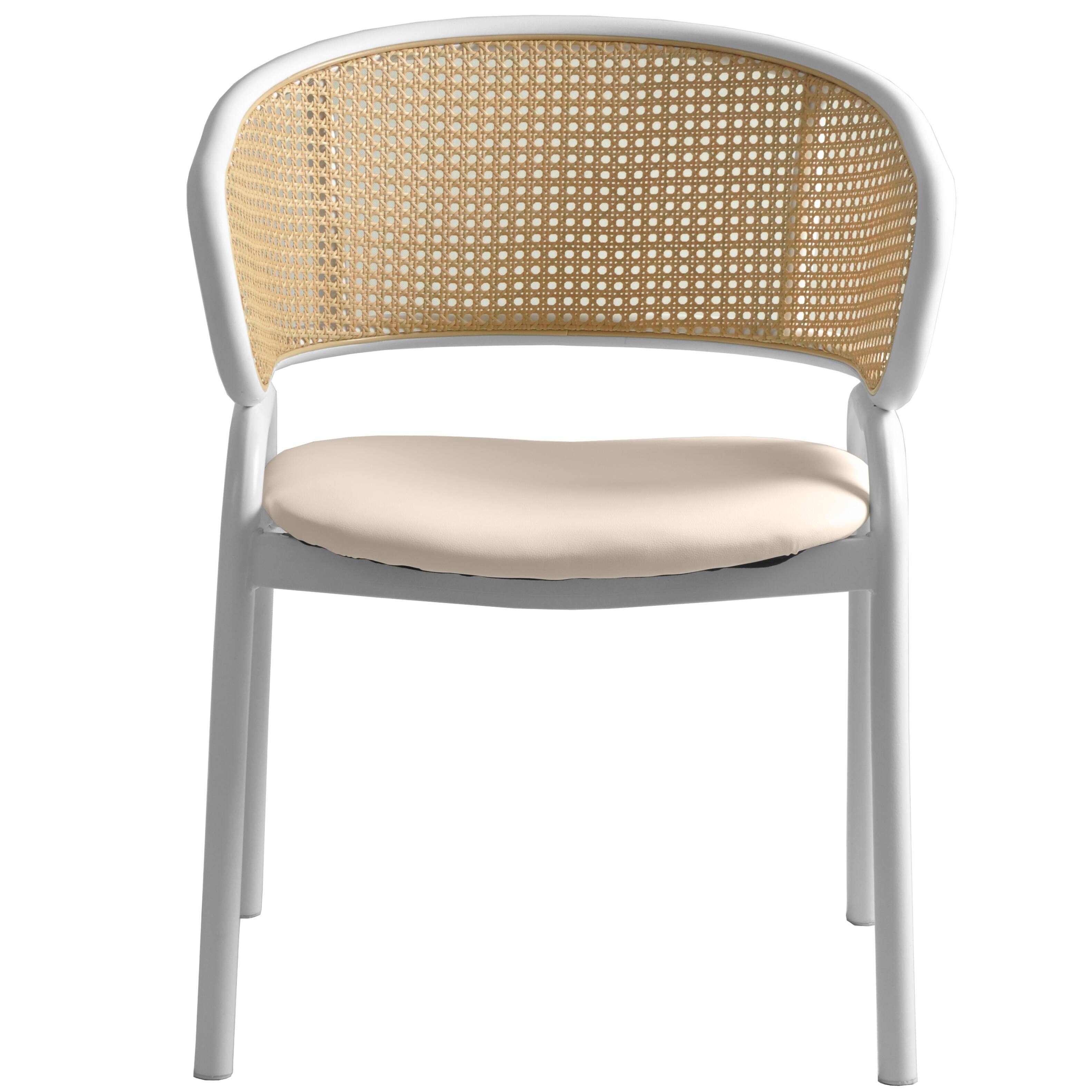 Alt View 3. LeisureMod - Ervilla Modern Rattan Dining Chair, Leather Upholstered Kitchen Side Accent Chair with White Metal Frame - White.