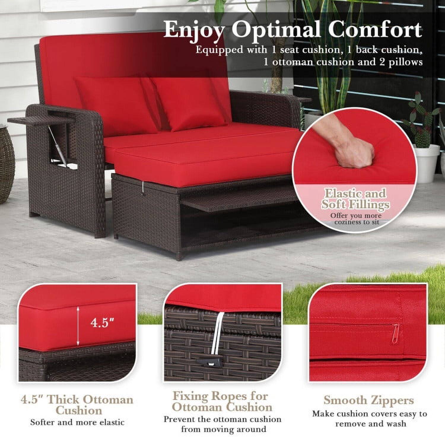 Enjoy Optimal Comfort  
Equipped with 1 seat cushion, 1 back cushion, 1 ottoman cushion and 2 pillows  

Elastic and Soft Fillings  
Offer you more coziness to sit  

4.5" Thick Ottoman Cushion  
Softer and more elastic  

Fixing Ropes for Ottoman Cushion  
Prevent the ottoman cushion from moving around  

Smooth Zippers  
Make cushion covers easy to remove and wash