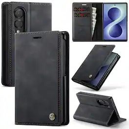 Dteck - Shockproof Wallet Phone Case for Samsung Galaxy Z Fold8, RFID PU Leather TPU Flip Kickstand Cover with Card Slots - Black