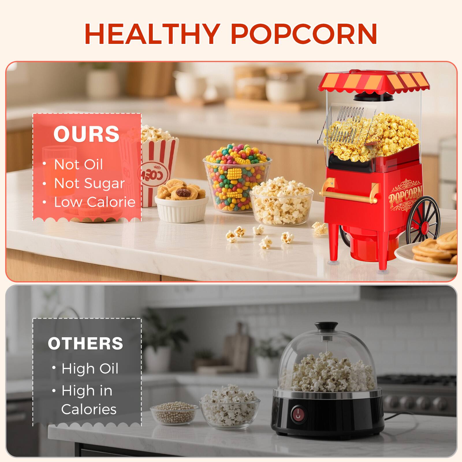 HEALTHY POPCORN

OURS
- Not Oil
- Not Sugar
- Low Calorie

OTHERS
- High Oil
- High in Calories