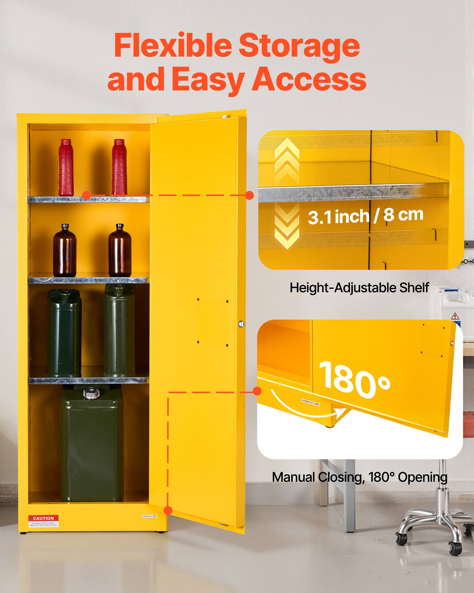 Flexible Storage and Easy Access

3.1 inch / 8 cm Height-Adjustable Shelf

180° Manual Closing, 180° Opening