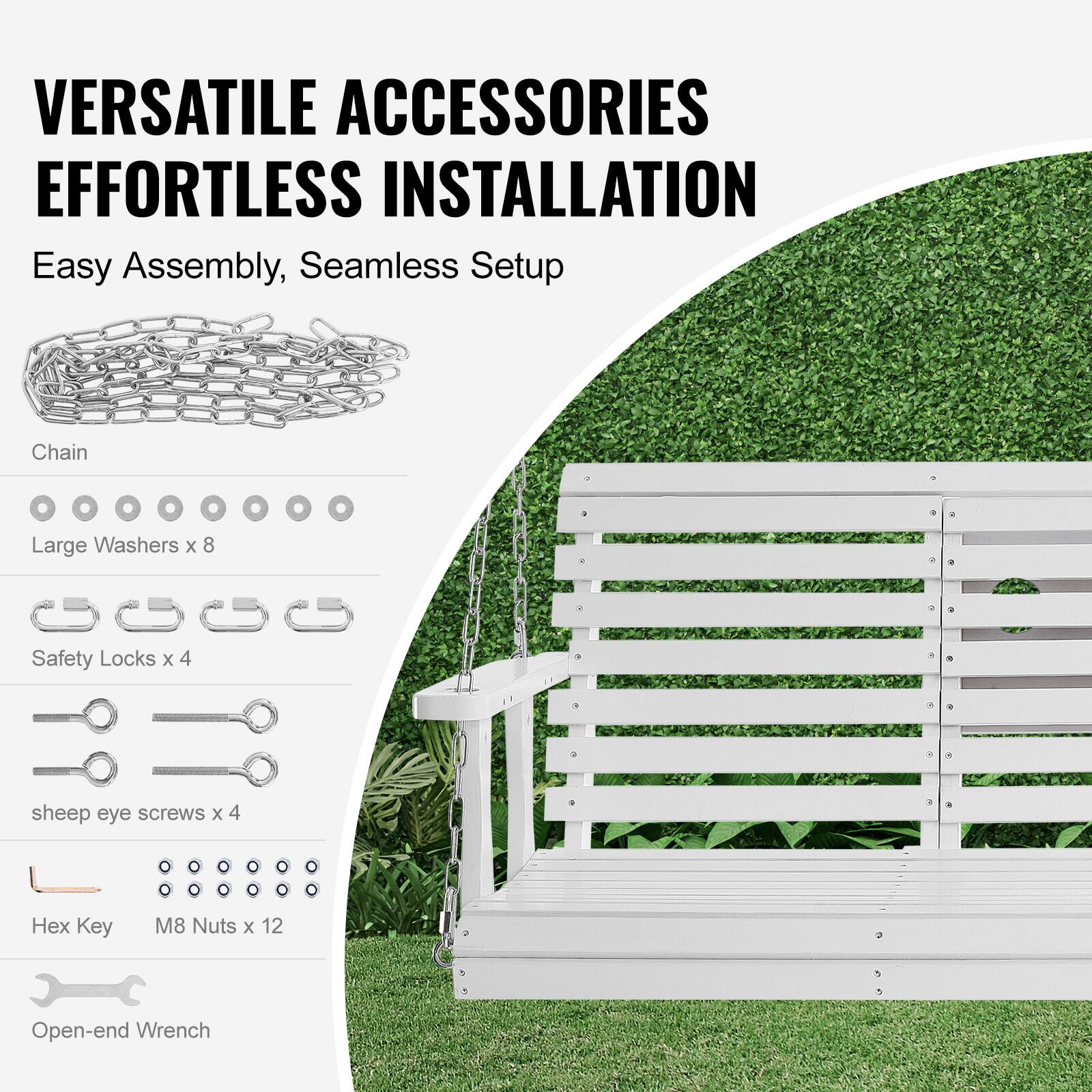 VERSATILE ACCESSORIES
EFFORTLESS INSTALLATION
Easy Assembly, Seamless Setup

- Chain
- Large Washers x 8
- Safety Locks x 4
- Sheep Eye Screws x 4
- Hex Key
- M8 Nuts x 12
- Open-end Wrench