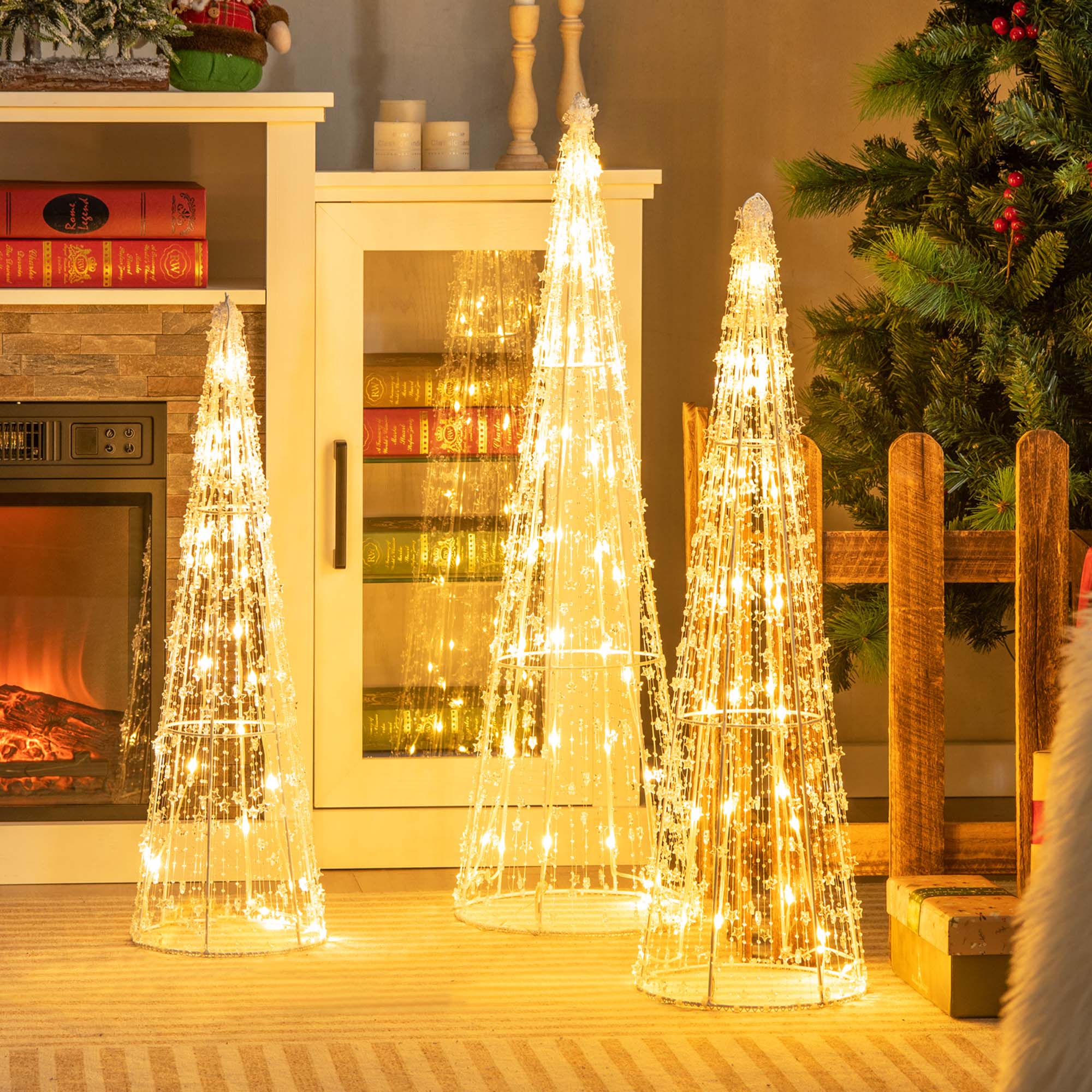 Alt View 13. Costway - Set of 3 Pre-lit Christmas Cone Trees Decoration with Star String & 90 Lights - Gold.