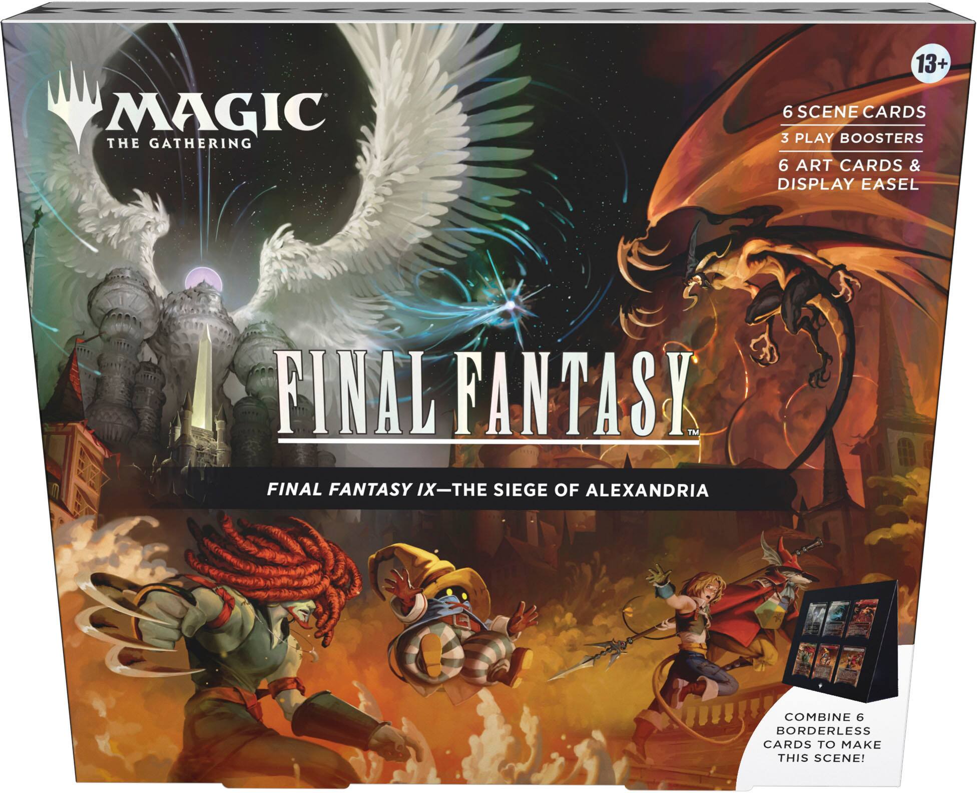 MAGIC THE GATHERING  
13+  
6 SCENE CARDS  
3 PLAY BOOSTERS  
6 ART CARDS & DISPLAY EASEL  

FINAL FANTASY™  
FINAL FANTASY IX—THE SIEGE OF ALEXANDRIA  

COMBINE 6 BORDERLESS CARDS TO MAKE THIS SCENE!