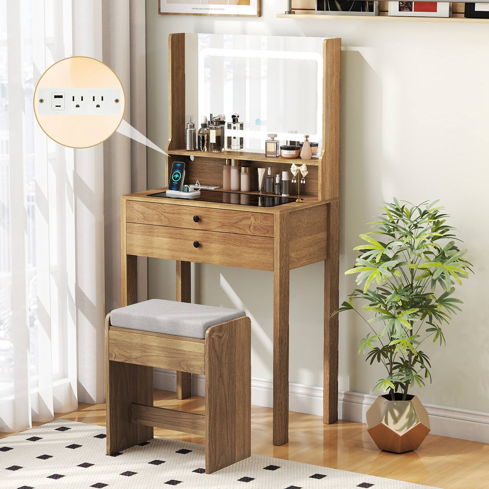 Alt View 1. Gymax - Gymax Small Vanity Desk Makeup Table & Padded Stool Set w/ Charging Station Natural - Yellow.