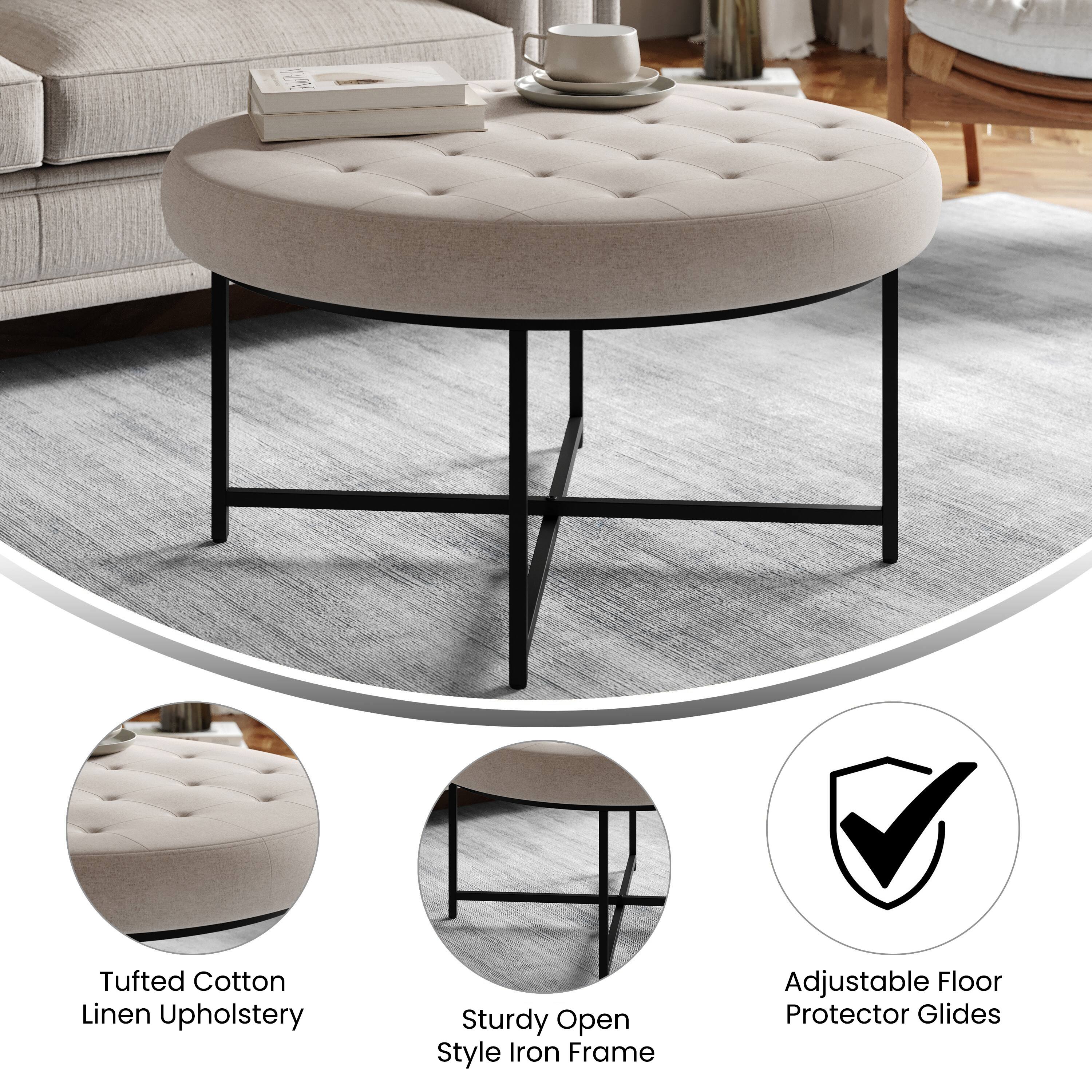 Tufted Cotton Linen Upholstery  
Sturdy Open Style Iron Frame  
Adjustable Floor Protector Glides