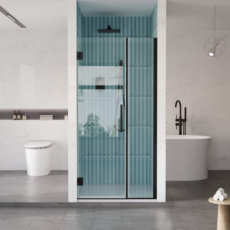 WELLFOR - 34–35 in. W x 72 in. H Frameless Hinged Shower Door with 3/8" Clear Tempered Glass, Reversible Opening - Matte Black