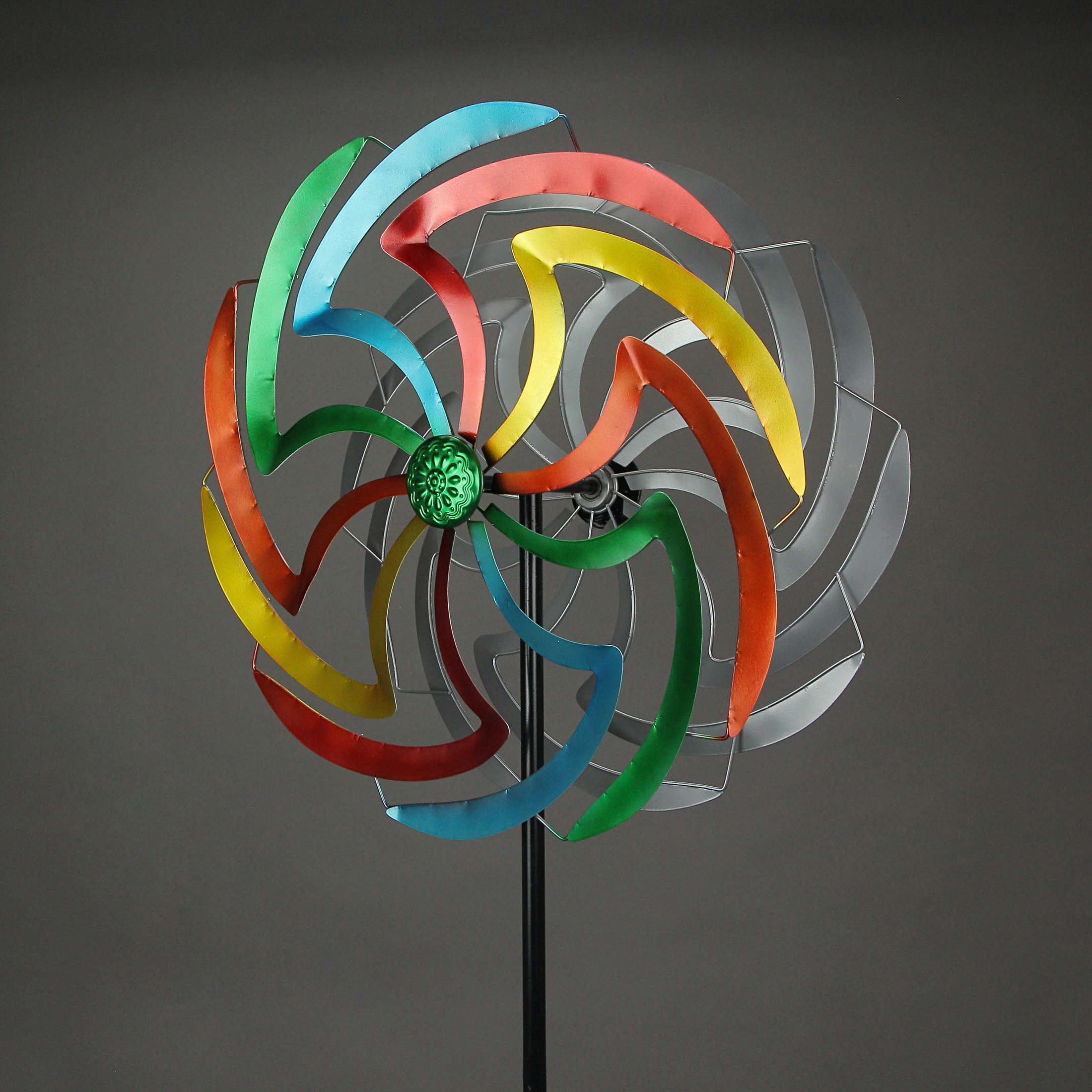 Alt View 1. Direct International - Colorful Anodized Finish Dual Flower Metal Wind Spinner Garden Stake 70 Inches High - Multicolored.