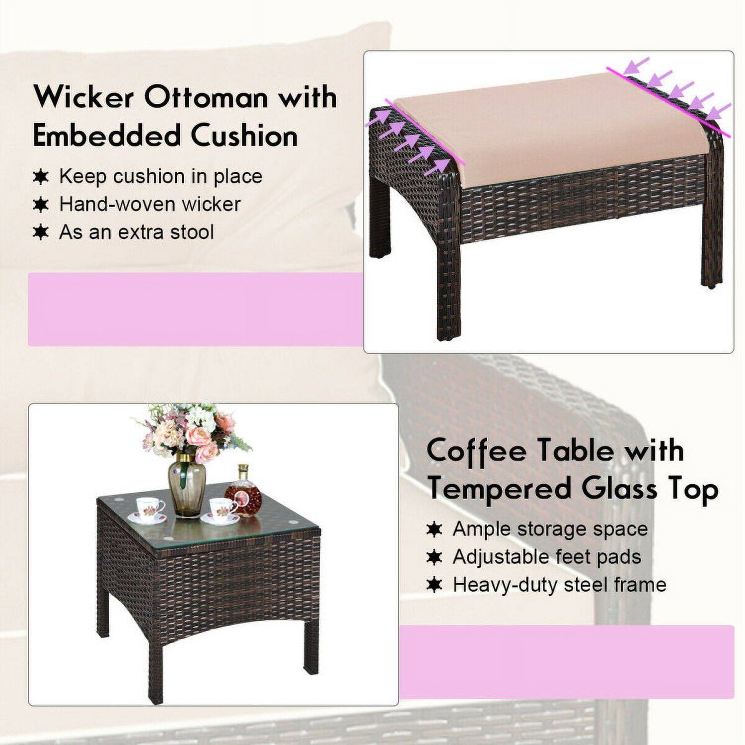 Wicker Ottoman with Embedded Cushion  
- Keep cushion in place  
- Hand-woven wicker  
- As an extra stool  

Coffee Table with Tempered Glass Top  
- Ample storage space  
- Adjustable feet pads  
- Heavy-duty steel frame