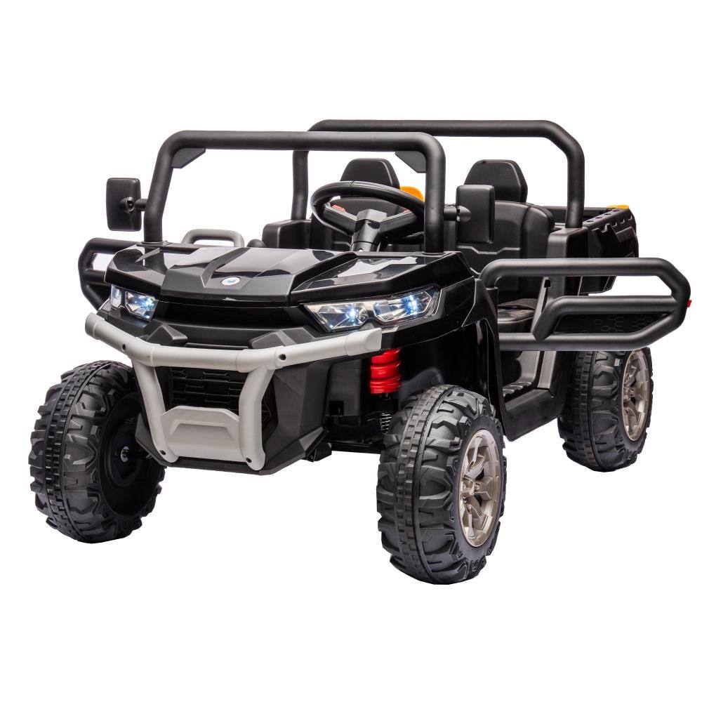 Left. BreeBe - 24V 2-Seater ride on Truck UTV w/ 2x200W Motors, Dump Bed/Shovel, Remote Control, Electric Vehicle, Non-Slip Tires - Black.