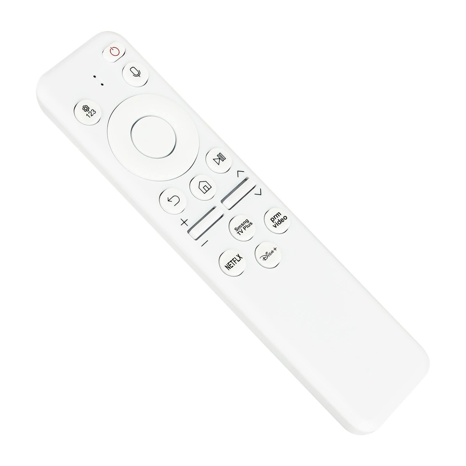 Sure, here is the corrected and grouped text from the image:

- NETFLIX
- Disney+
- Prime Video
- Smart TV Plus
- 123
- Home
- Menu
- Info
- Play/Pause
- Volume Up/Down
- Mute
- Power