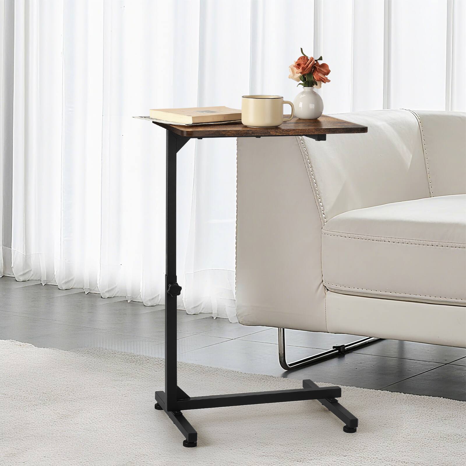 Angle. Oumilen - Adjustable C-Shaped Side Table with Rustic Brown Wood Top - Brown.