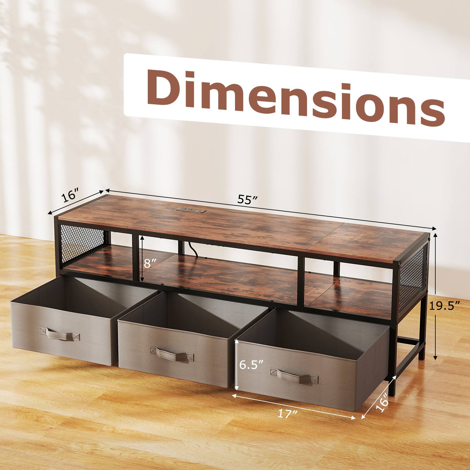 Dimensions: 55" L x 19.5" W x 16" H

Drawer Dimensions: 17" W x 6.5" D x 8" H