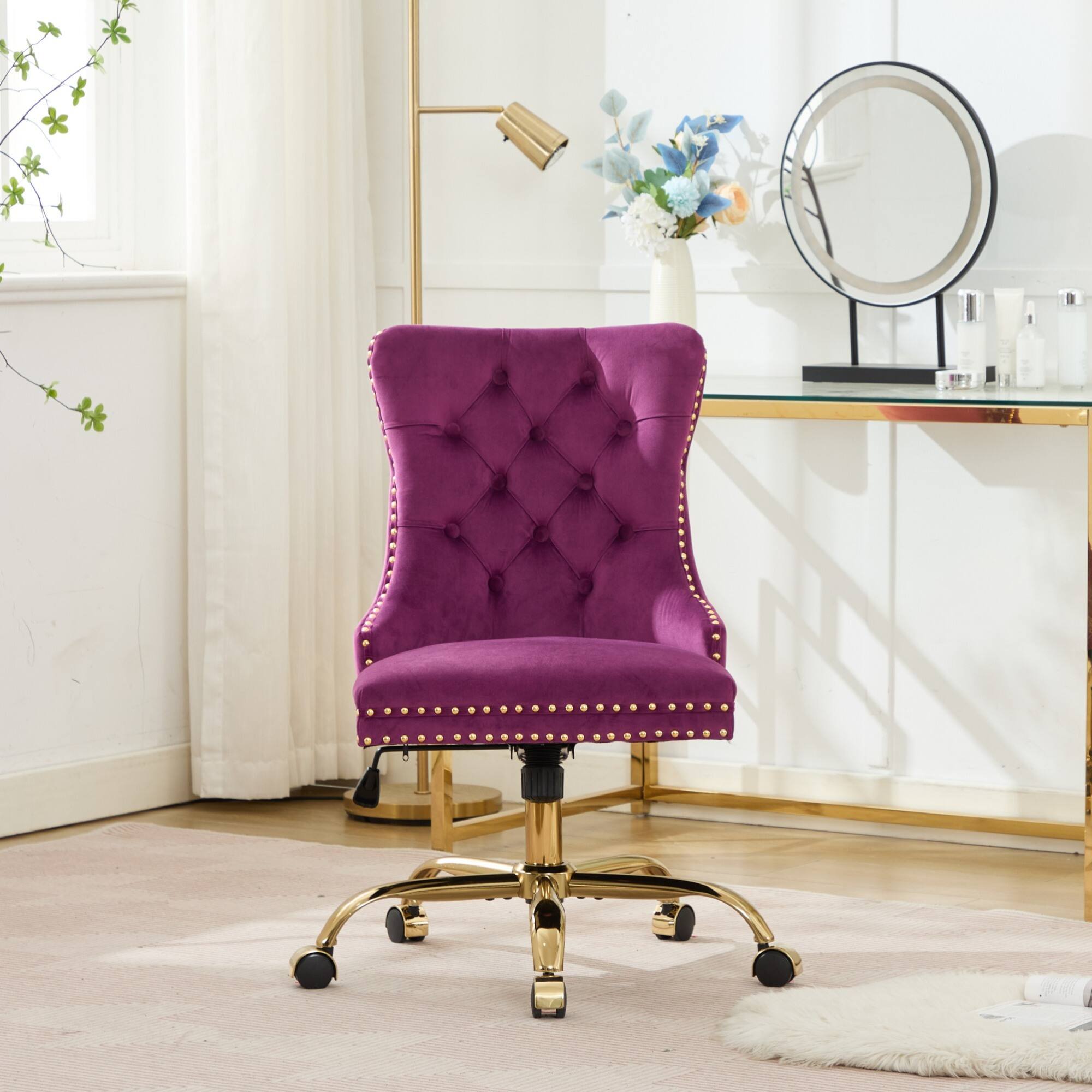 Alt View 10. GOODSILO - Modern Velvet Upholstered Office Chair with Tufted Button Design and Golden Metal Base for Home Workspace - Purple.