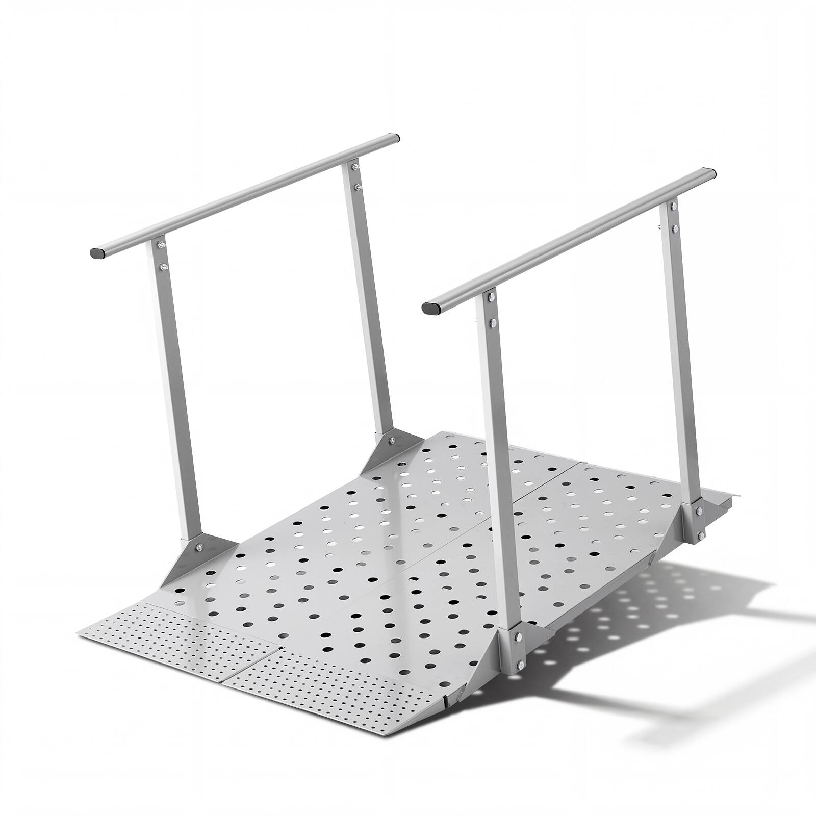 Front. VEVOR - Wheelchair Ramp with Handrails, 44.9 x 33.5 in, Heavy Duty Aluminum Handicap Ramp, 440 lbs Capacity - Silver.