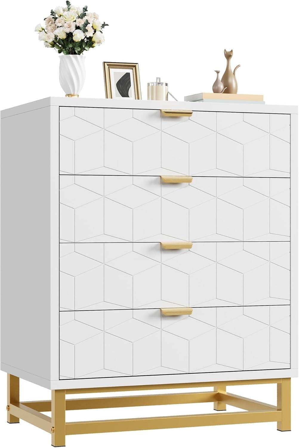 Front. GARVEE - White 4-Drawer Dresser with Metal Legs, Modern Chest of Drawers for Bedroom/Living Room, Contemporary Organizer - White.